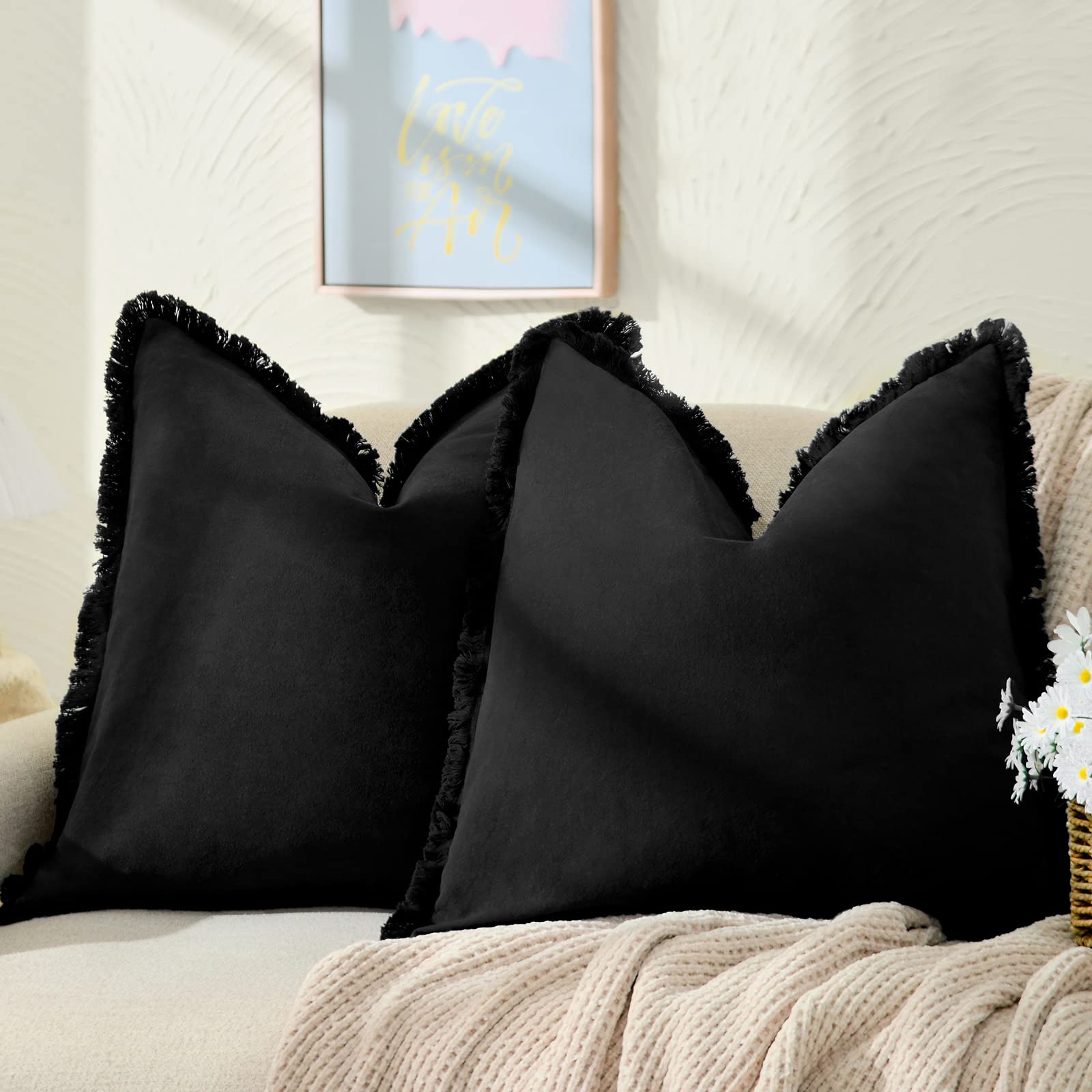 Zwjd Pillow Covers 20X20 Set Of 2 Black Throw Pillow Covers With Fringe Chic Cotton Decorative Pillows Square Cushion Covers For