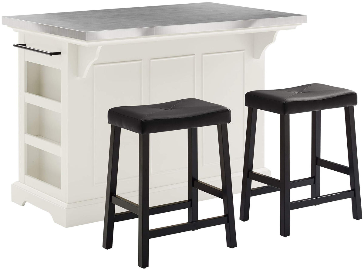 Crosley Furniture Julia Stainless Steel Top Island with Storage, Coffee Bar, and Set of 2 Upholstered Saddle Stools, White/Black