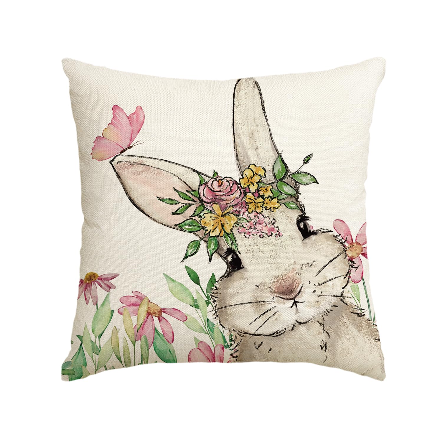 Avoin Colorlife Easter Floral Garland Bunny Throw Pillow Cover, 18 X 18 Inch Spring Rabbit Holiday Cushion Case Decoration For S