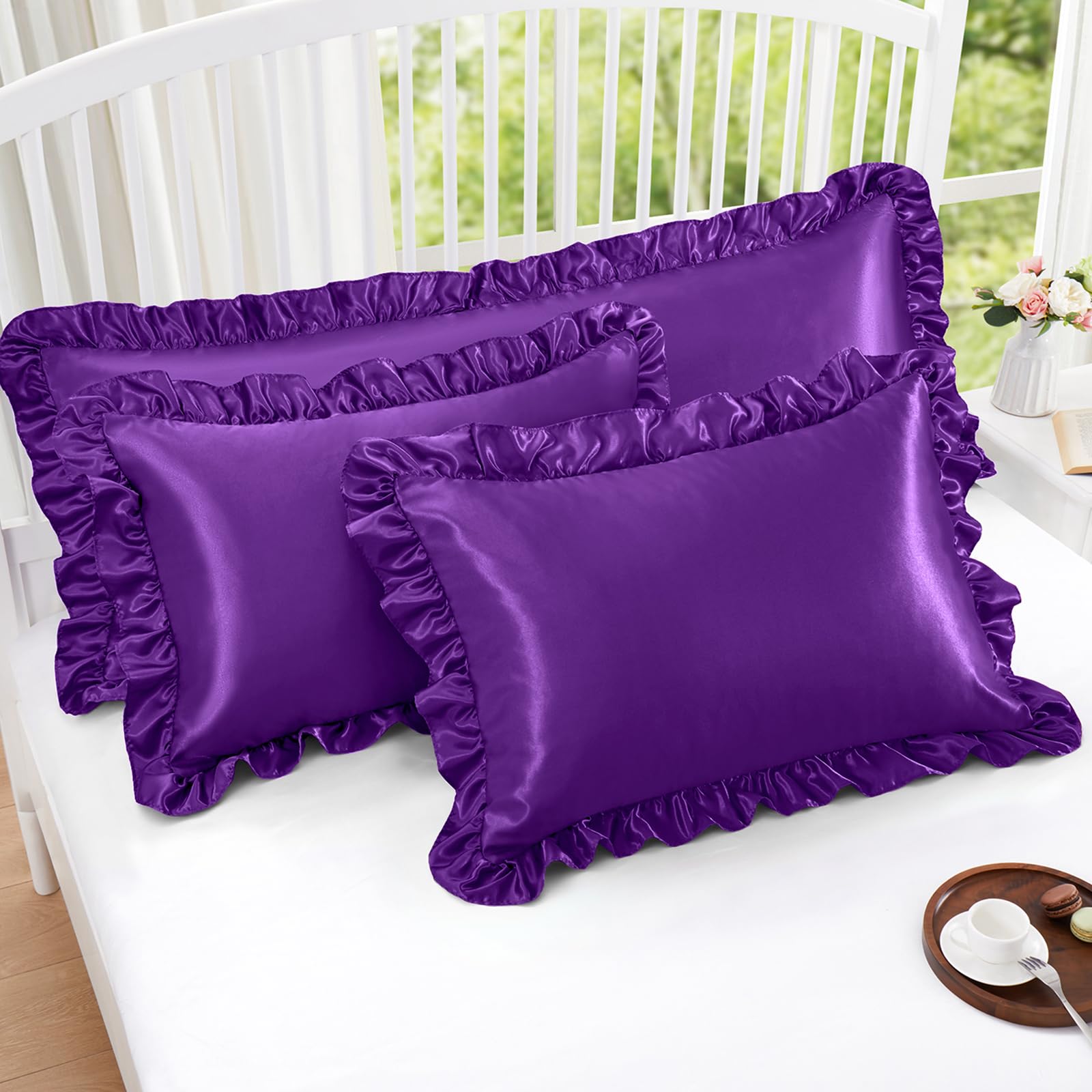 Homiest Ruffle Satin Pillowcase For Hair And Skin, Queen Size Satin Pillow Covers Silky Pillow Cases Set Of 2, Satin Ruffled Pil
