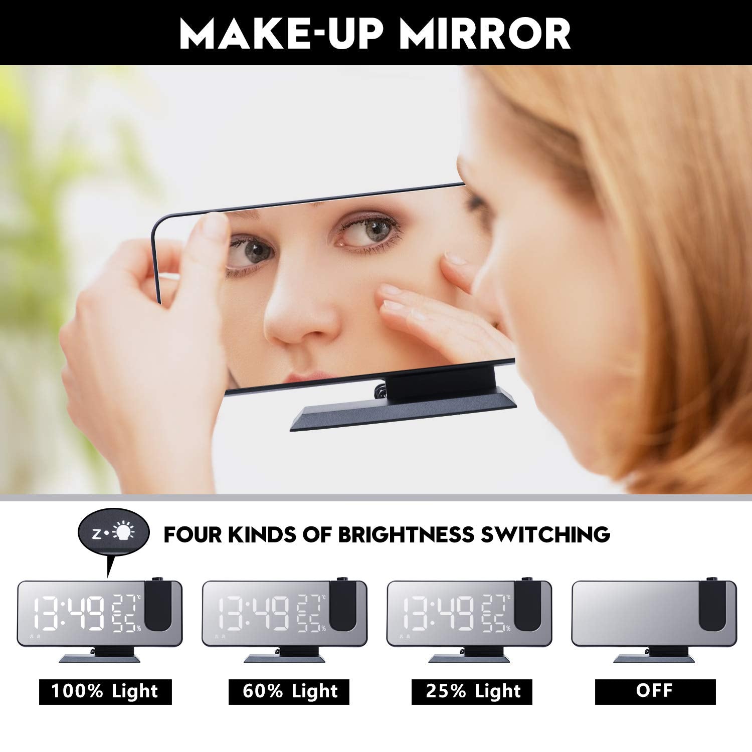 Evilto Projection Alarm Clock For Bedroom Ceiling Digital Radio With Usb Charger Ports, 7.3'' Large Led Screen, 4 Dimmer, Dual A