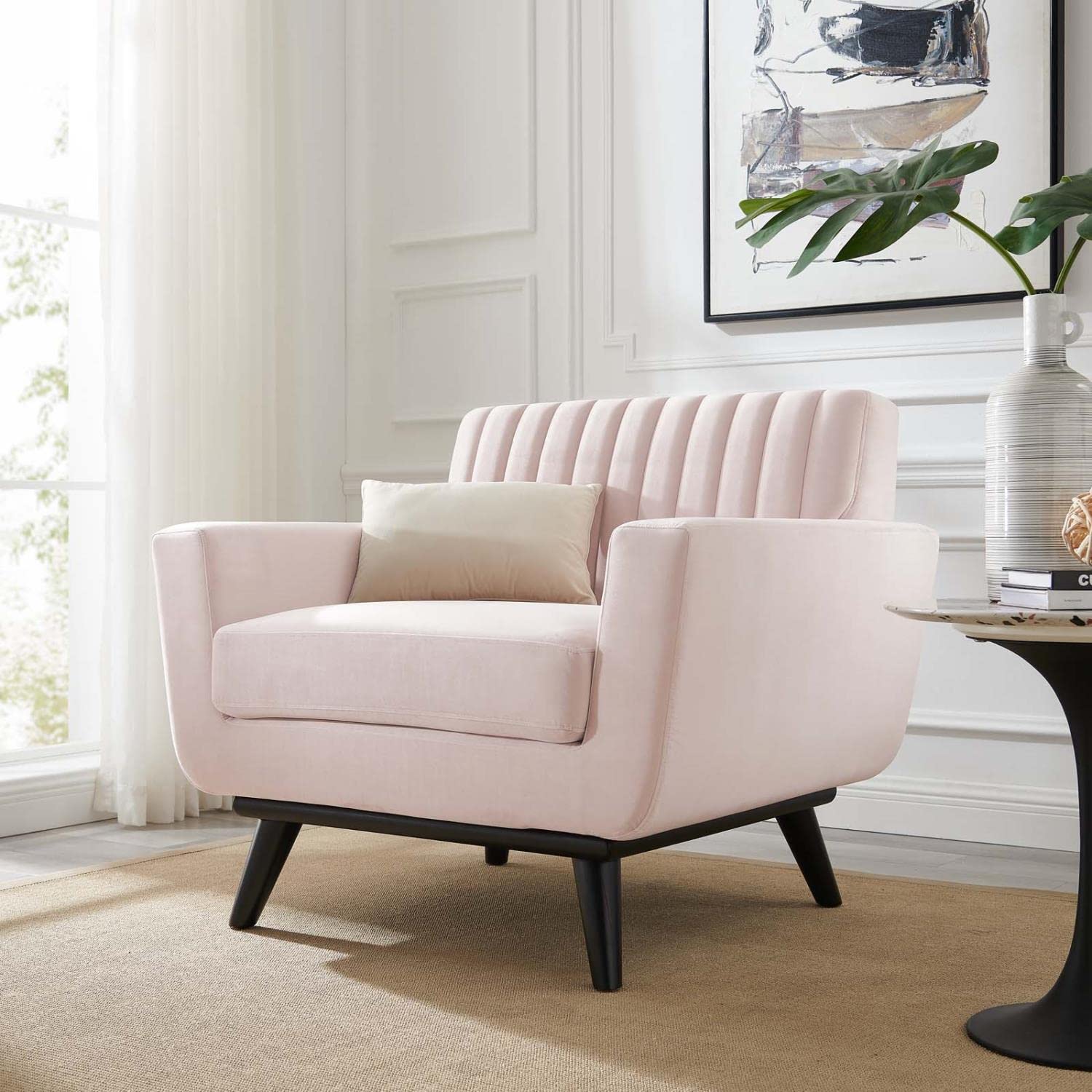 Modway Engage Channel Tufted Performance Velvet Armchair in Pink