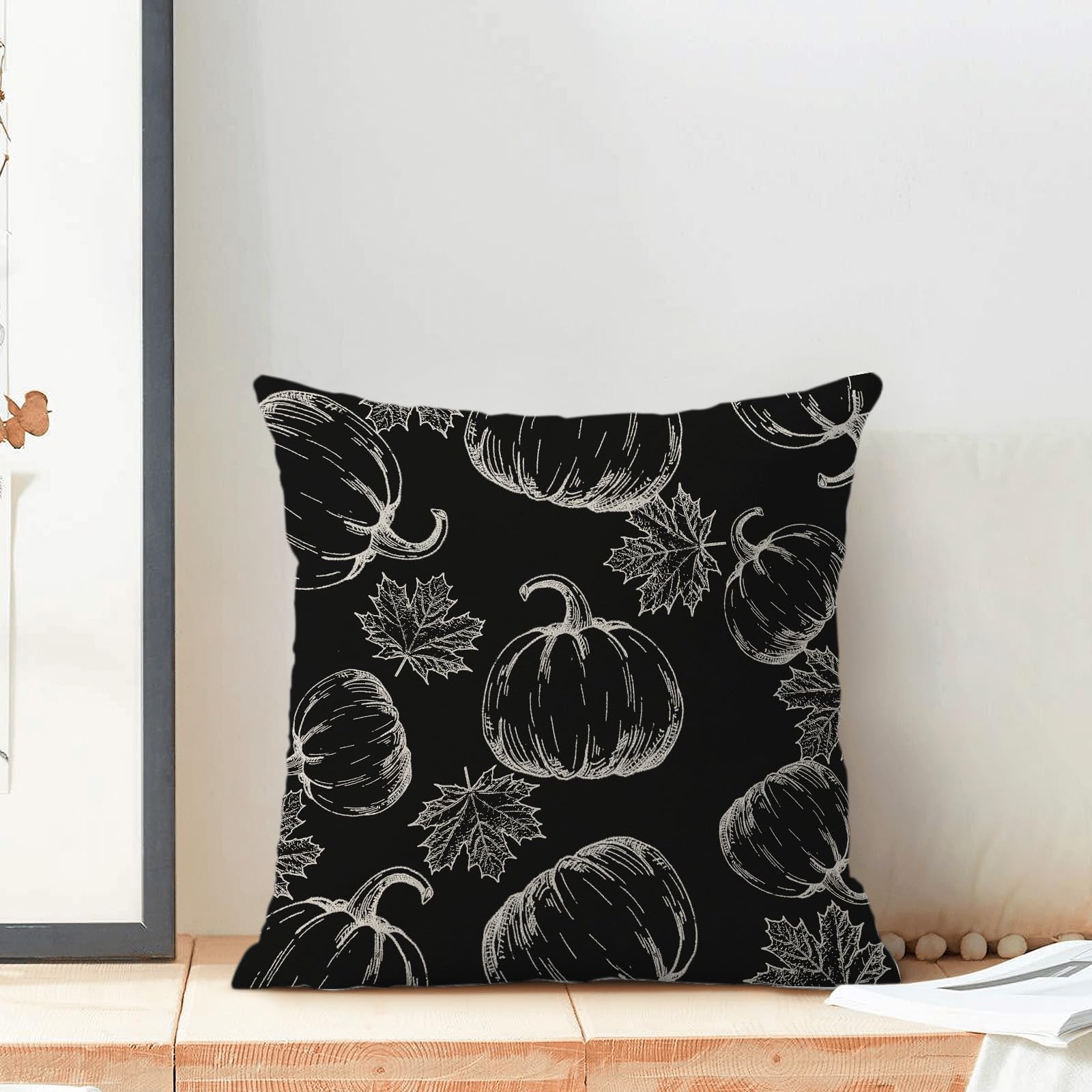 Fall Decor Pillow Covers 18X18 Set Of 2 Black Pumpkin Maple Leaf Throw Pillow Covers Outdoor Decoration Autumn Thanksgiving Pump