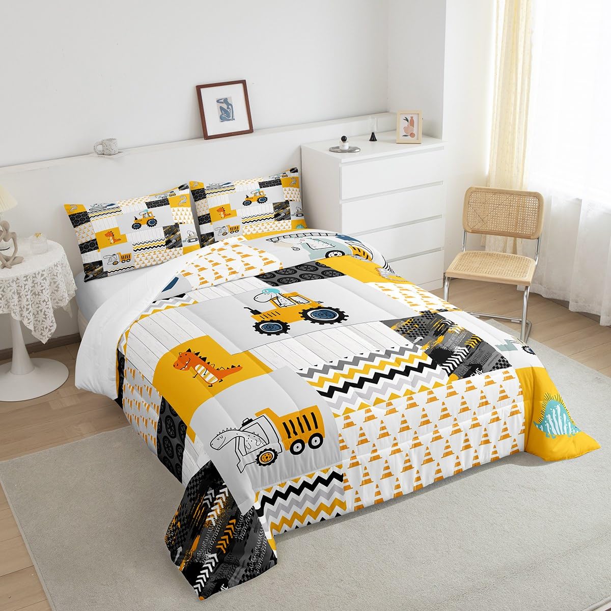 Construction Comforter Set Full Size Kids Cartoon Car Excavator Tractor Toddler Comforter Equipment Trucks Plaid Grid Yellow Com