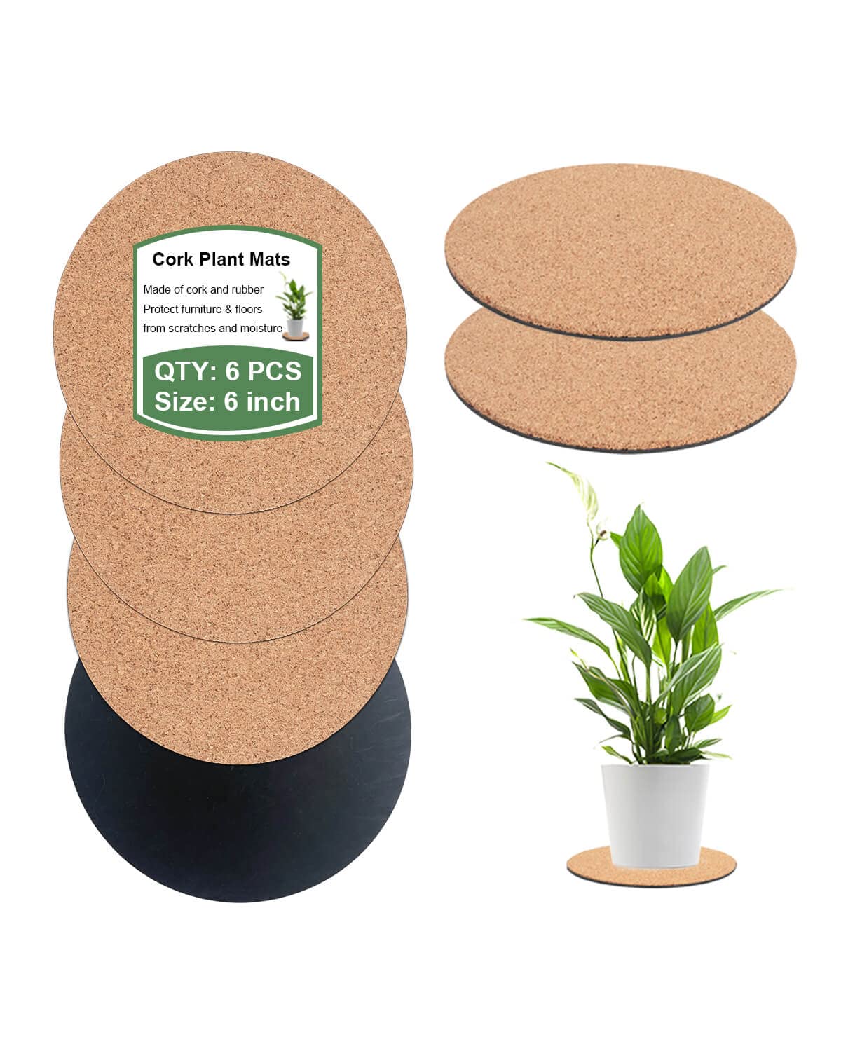 6 Piece Cork Plant Mats - Round Cork Coasters 6 Inch, Absorbent Plant Cork Mat Saucer For Pots, Diy Cork Pads