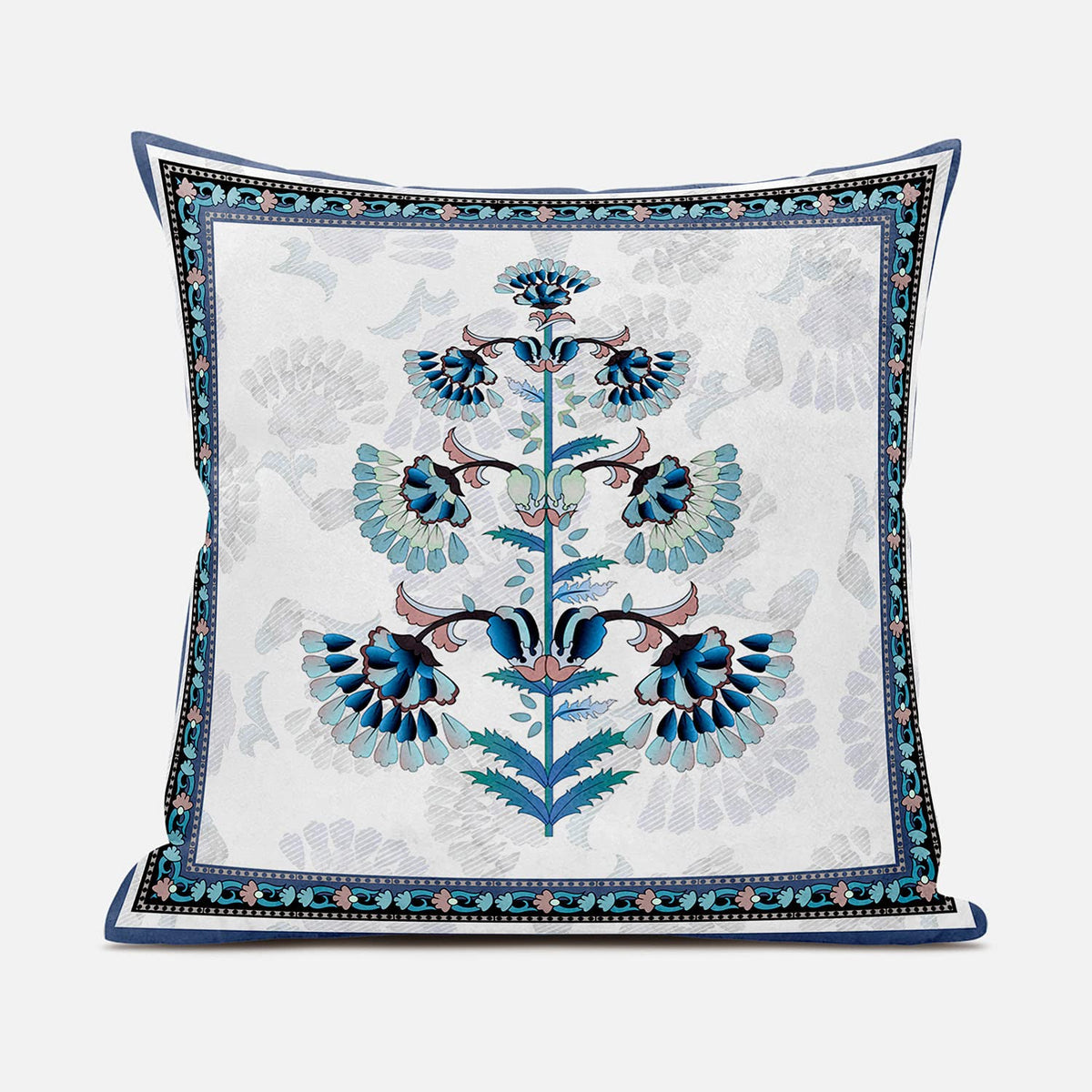 HomeRoots 18x18 Off White Blue Black Blown Seam Broadcloth Floral Throw Pillow