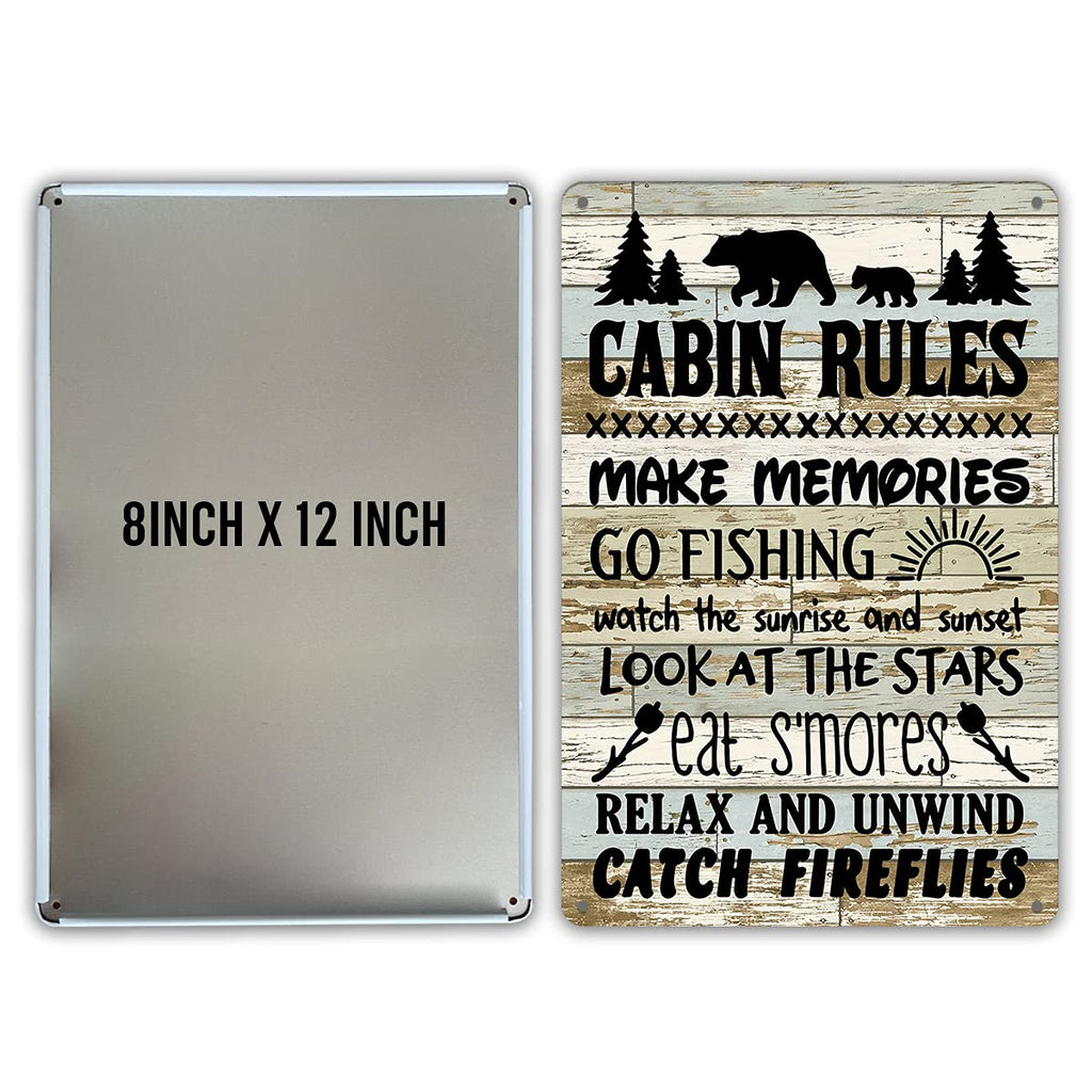 Qiongqi Funny Cabin Rules Metal Tin Sign Wall Art Decor, Farmhouse Wooden Style Cabin Sign For Home Decor Gifts
