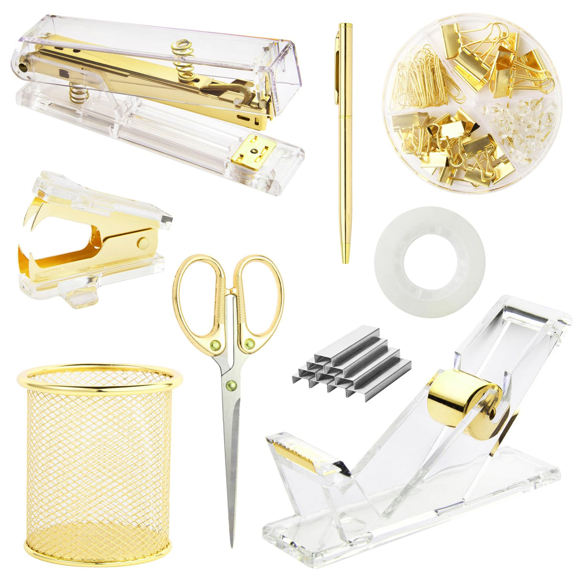 Gold Desk Accessories, Office Supplies Set With Acrylic Stapler, Tape Dispenser, Staple Remover, Pen Holder, Scissor, Binder Pap