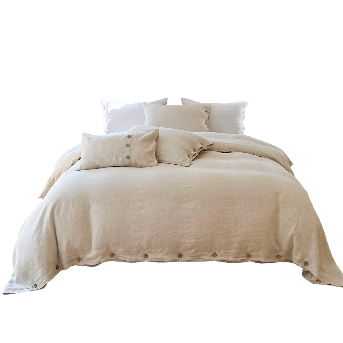 Simple&Opulence 100% Linen Duvet Cover Set 3Pcs With Coconut Button Closure Natural French Washed Flax Solid Color Soft Breathab