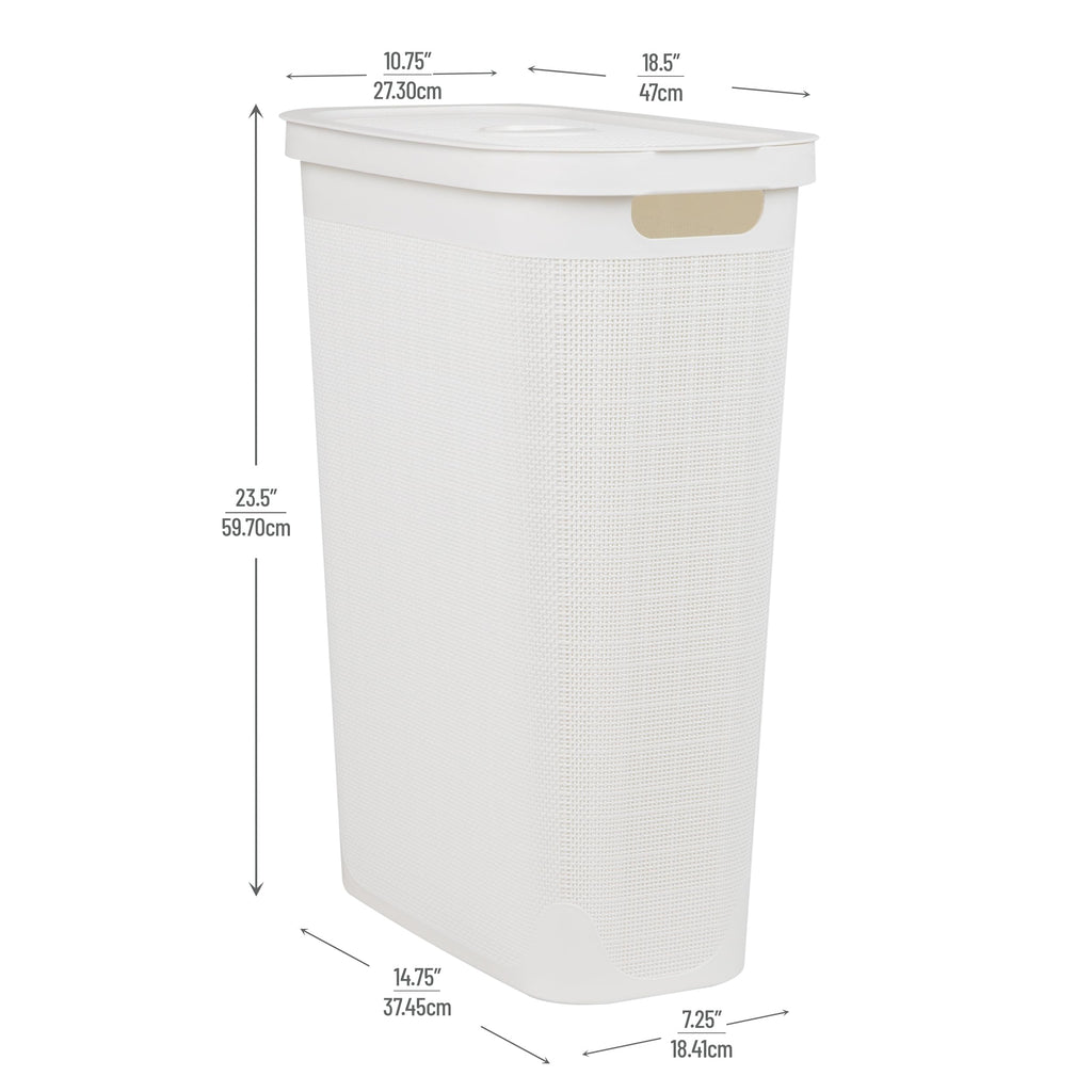 Mind Reader 40L Slim Laundry Hamper, Clothes Basket, Lid, Linen Design, Plastic, 18.5   L X 10.75   W X 23.5   H, White