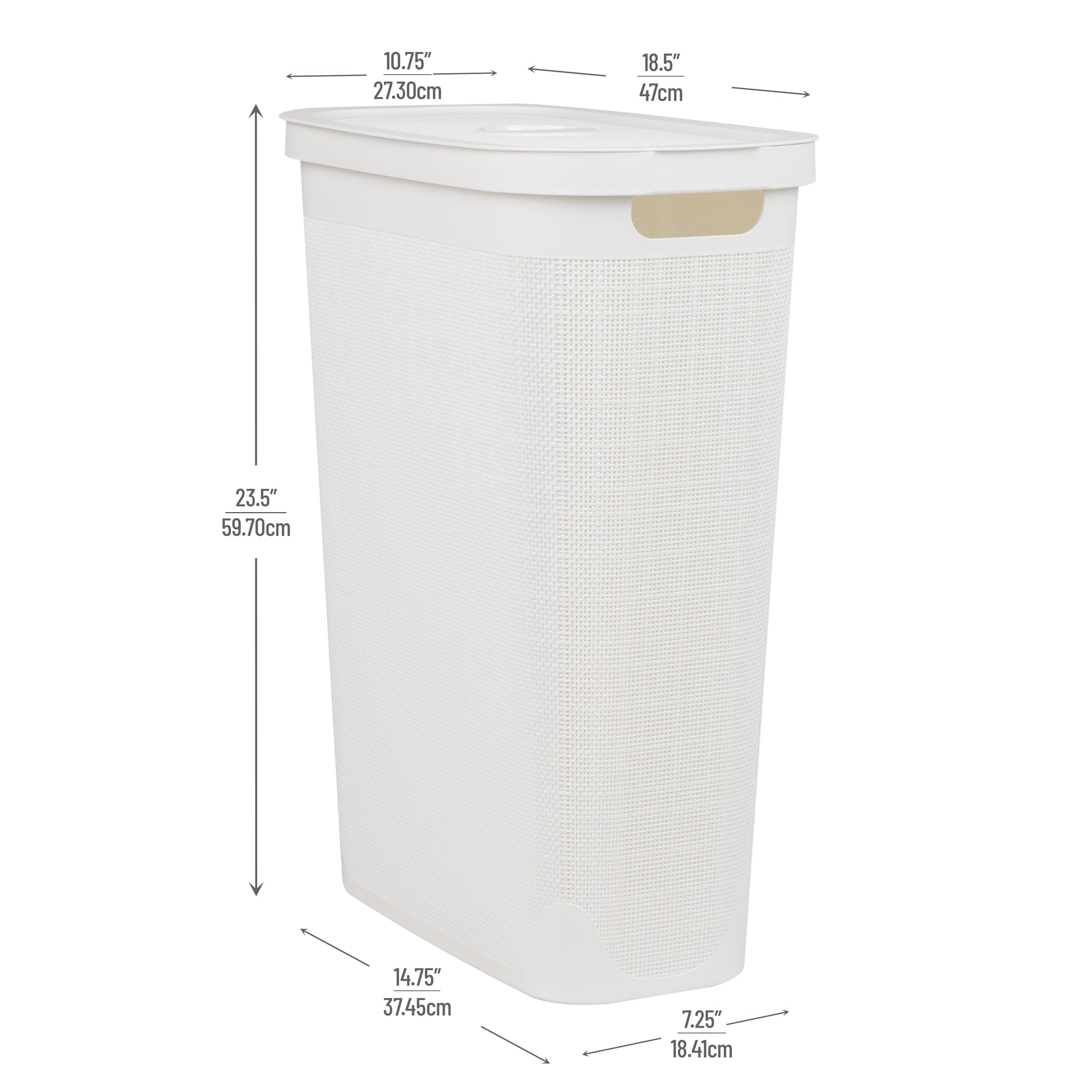 Mind Reader 40L Slim Laundry Hamper, Clothes Basket, Lid, Linen Design, Plastic, 18.5   L X 10.75   W X 23.5   H, White