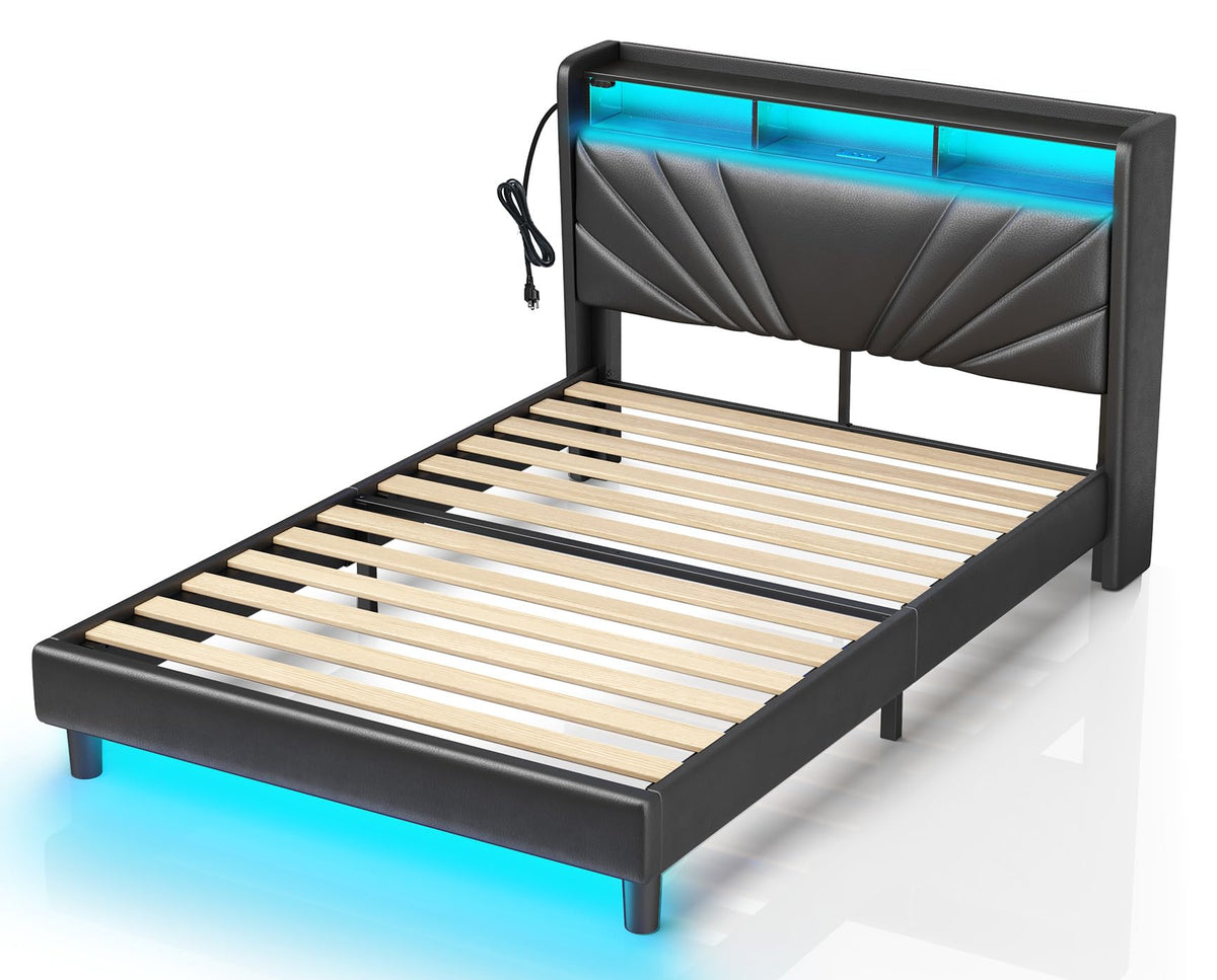 Rolanstar Twin Size Bed Frame, Storage Headboard with Charging Station and LED Lights, Upholstered Bed with Heavy Duty Wood Slat