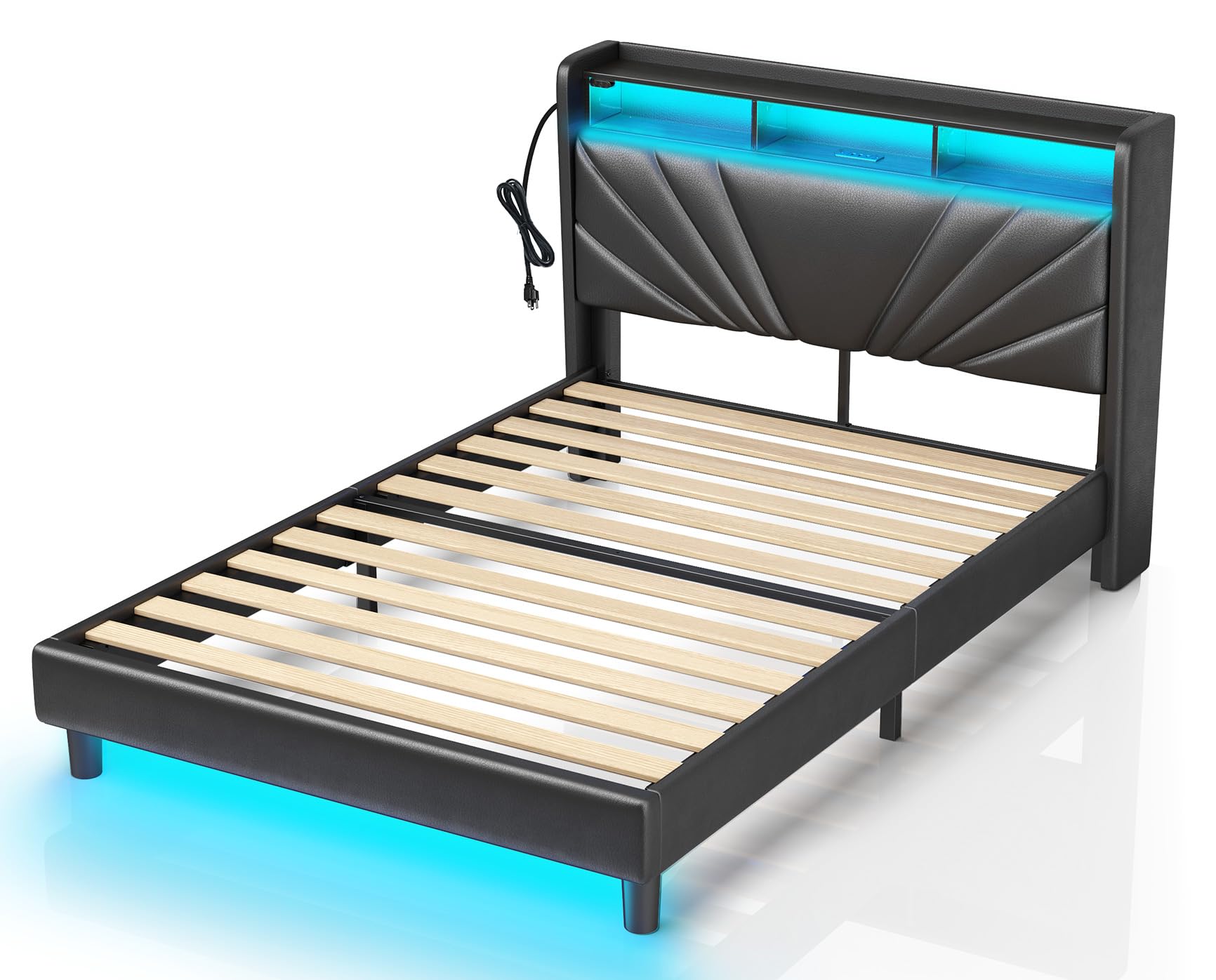 Rolanstar Twin Size Bed Frame, Storage Headboard with Charging Station and LED Lights, Upholstered Bed with Heavy Duty Wood Slat