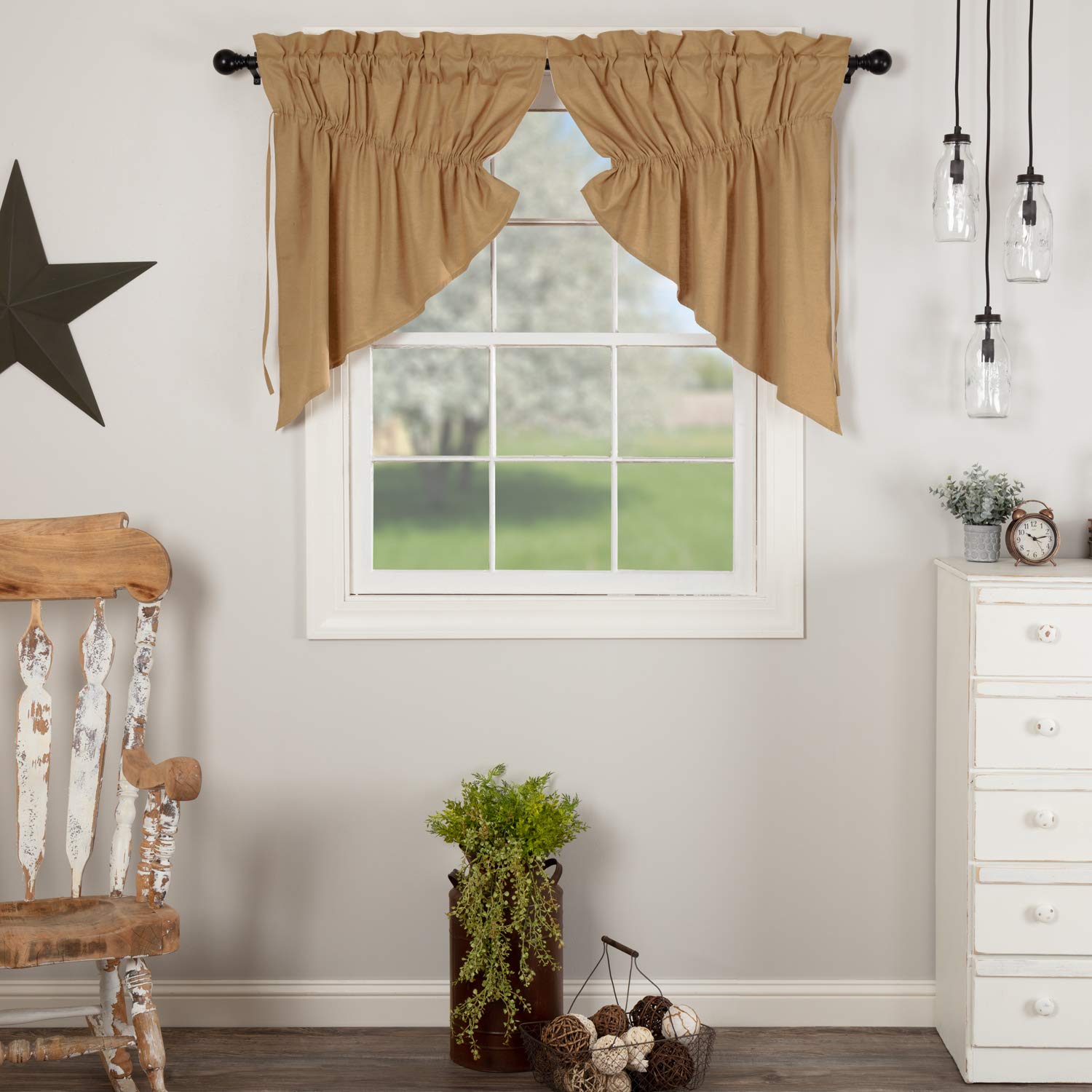 VHC Brands Simple Life Flax Khaki Country Farmhouse Window Curtain Prairie Swag Set of 2 36x36x18