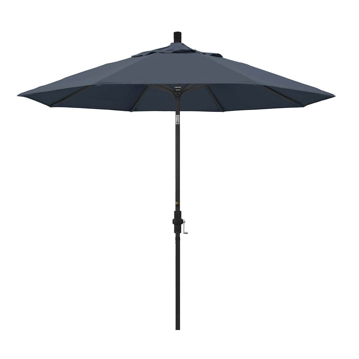 California Umbrella 9' Round Aluminum Market Umbrella, Crank Lift, Collar Tilt, Black Pole, Pacifica Sapphire