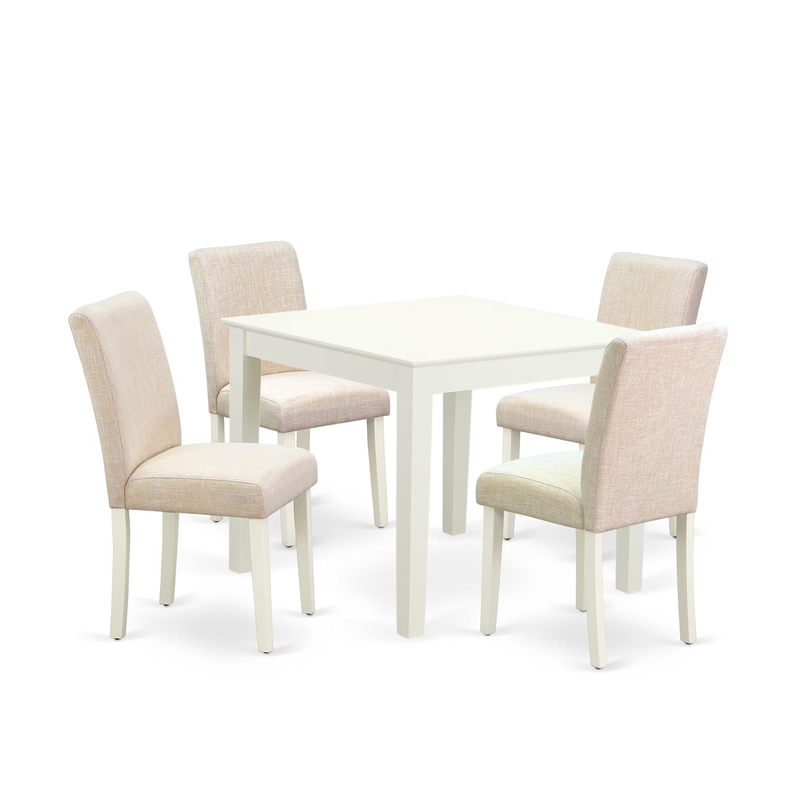 East West Furniture Oxab5-Lwh-02 5 Piece Dining Table Set For 4 Includes A Square Kitchen Table And 4 Light Beige Linen Fabric Upholstered Parson Chairs, 36X36 Inch, Linen White
