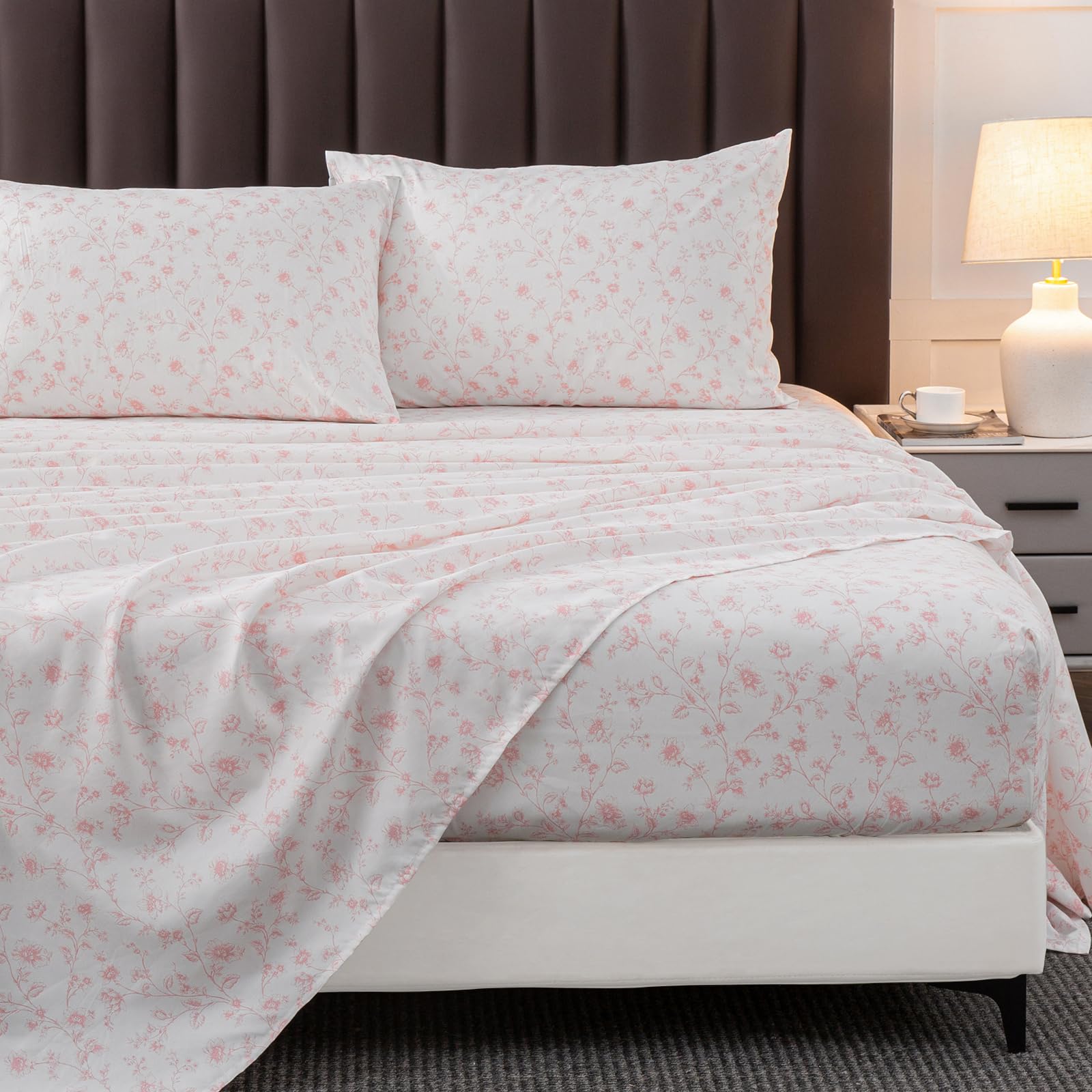 Hyprest Pink Floral Sheets Queen,Deep Pocket Sheets, 1800 Thread Count Pattrn Bed Sheets Soft Breathable Cute Aesthetic Shabby C