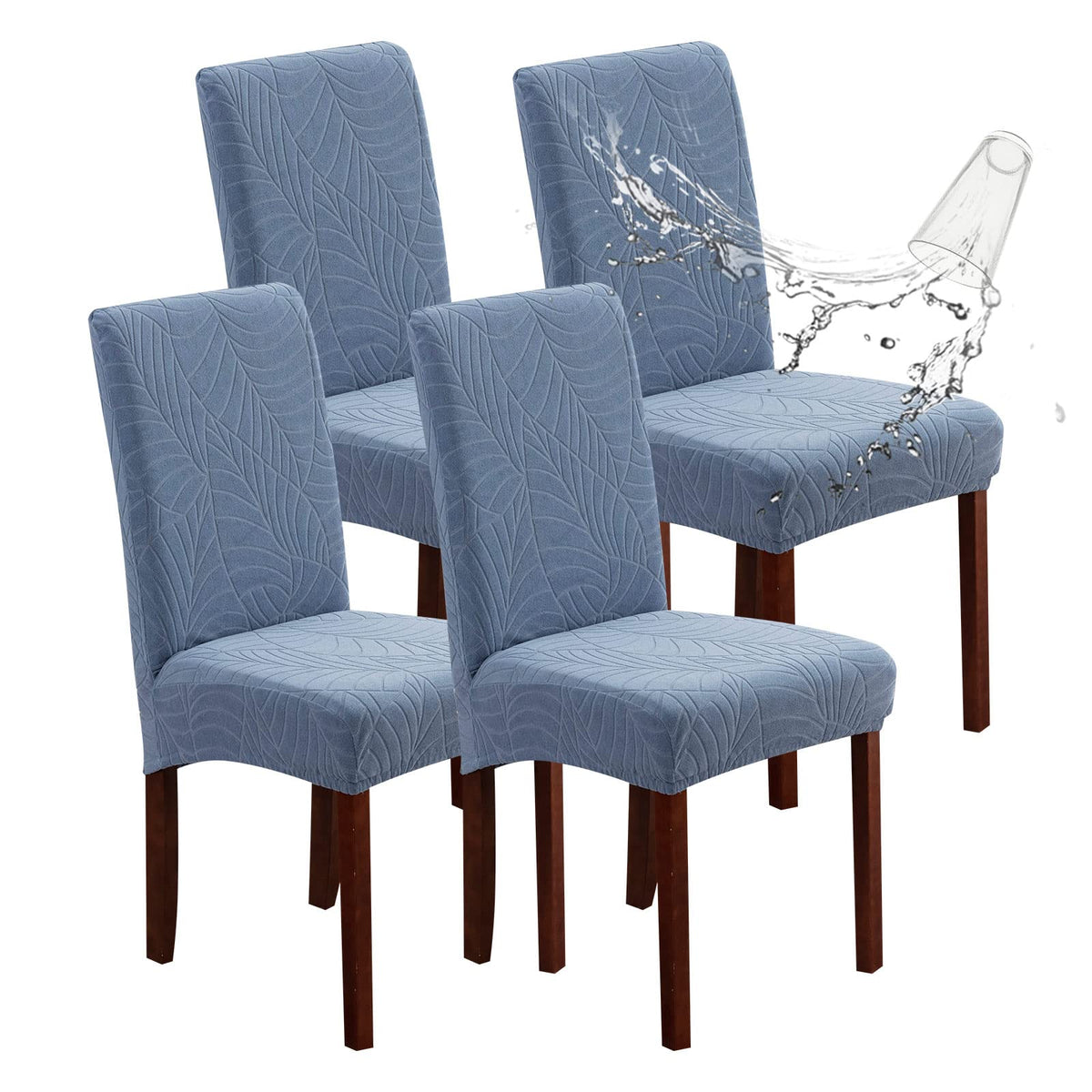 Genina Waterproof Chair Covers For Dining Room, Stretch Jacquard Dining Chair Slipcovers Removable Washable Chair Protector For Kitchen, Hotel, Restaurant (Leaves-Light Blue, 4 Pcs)
