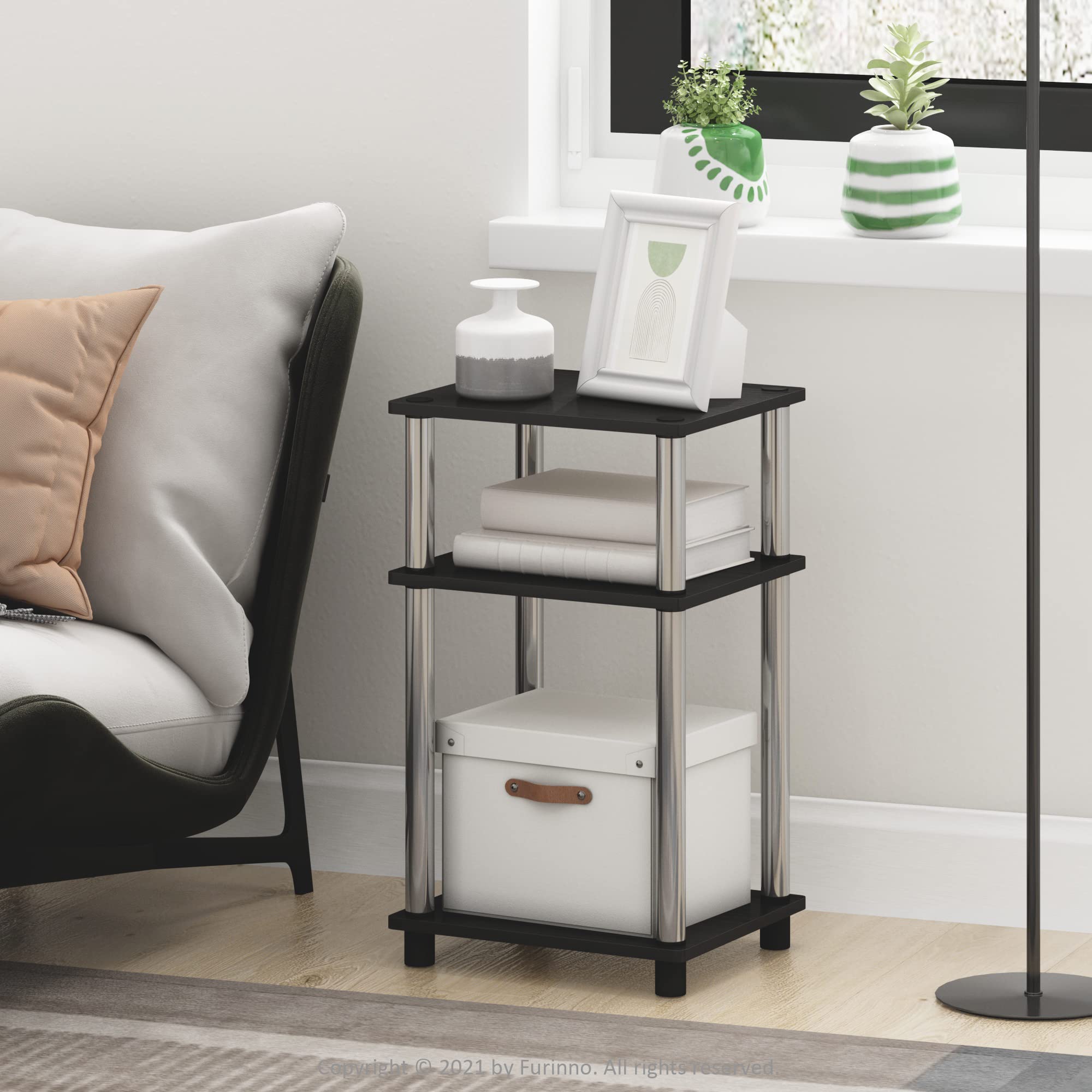 Furinno Simplistic End Side Night Stand/Bedside Table with Stainless Steel Tubes, 2-Pack, 2-Tier Poles, Americano/Chrome