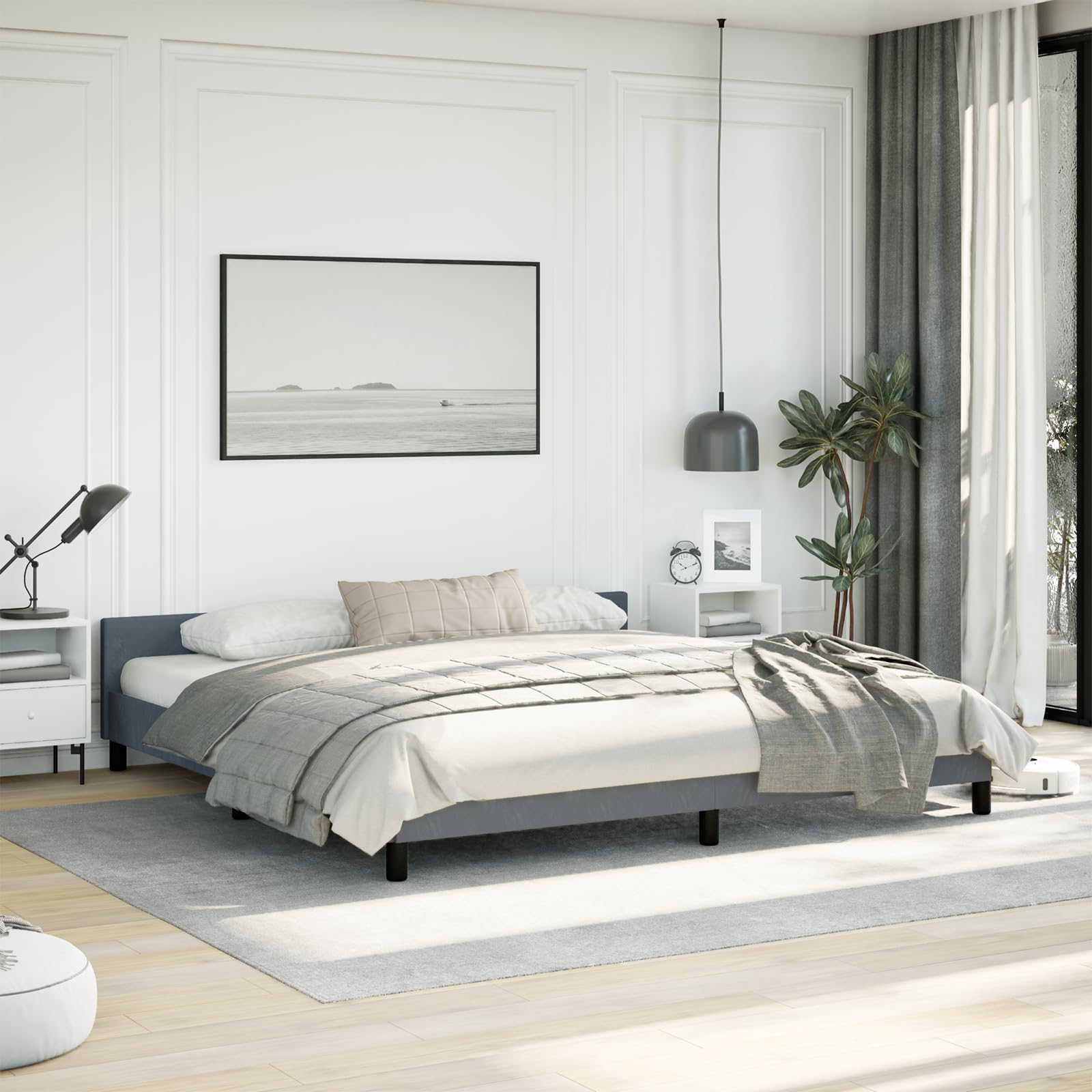 vidaXL Velvet Bed Frame Platform Bed, Scandinavian Style/Slats Support/No Box Spring Needed/Without Mattress/Easy Assembly, Dark Grey King Bed
