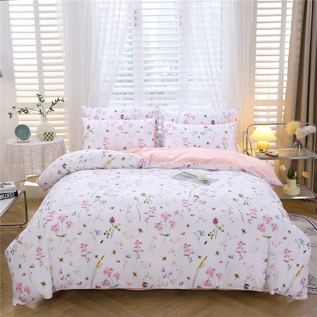 Urbonur Floral Duvet Cover Set King Size Pink 3 Piece Spring Garden Flowers Bee Print Duvet Covers For Girls Women Soft Microfib