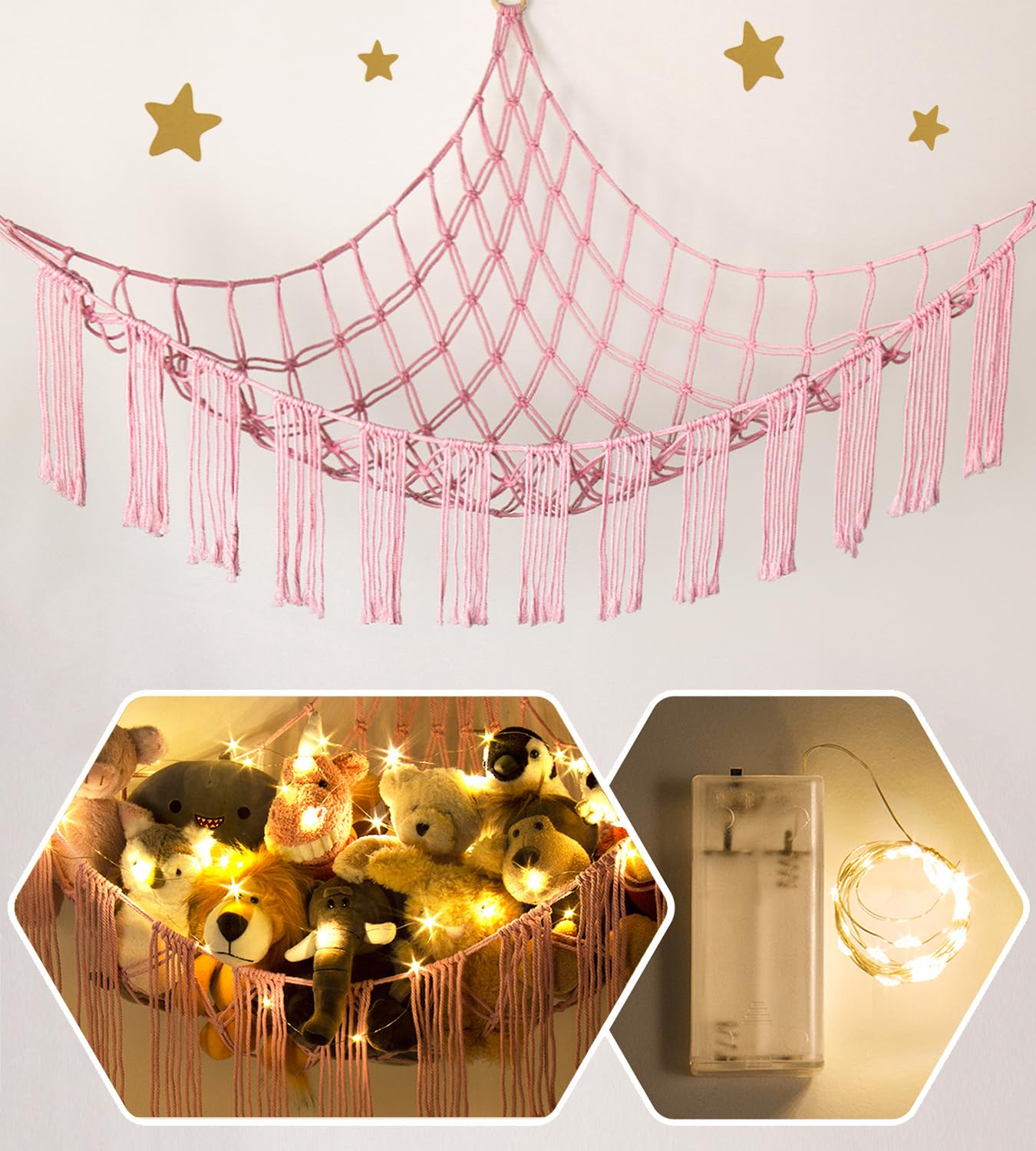 Stuffed Animal Hammock Corner Storage With Led Light - Pink Cute Room Bedroom Decor For Teen Girls - Cute Bedroom Aesthetic Stuf