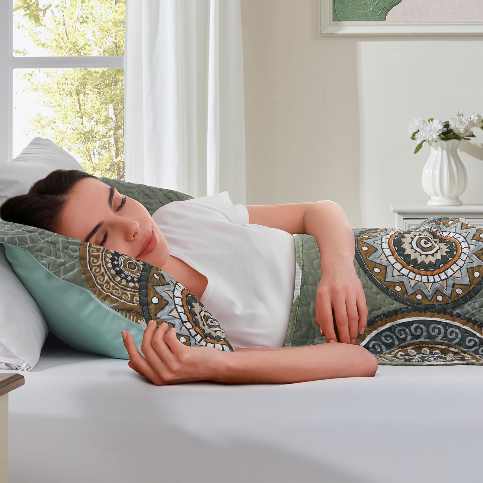 Leaonme 3-Piece Full Queen Size Olive Green Quilt Set Lightweight Oversized Bedspread 90''X98'' Soft Microfiber Floral Coverlet