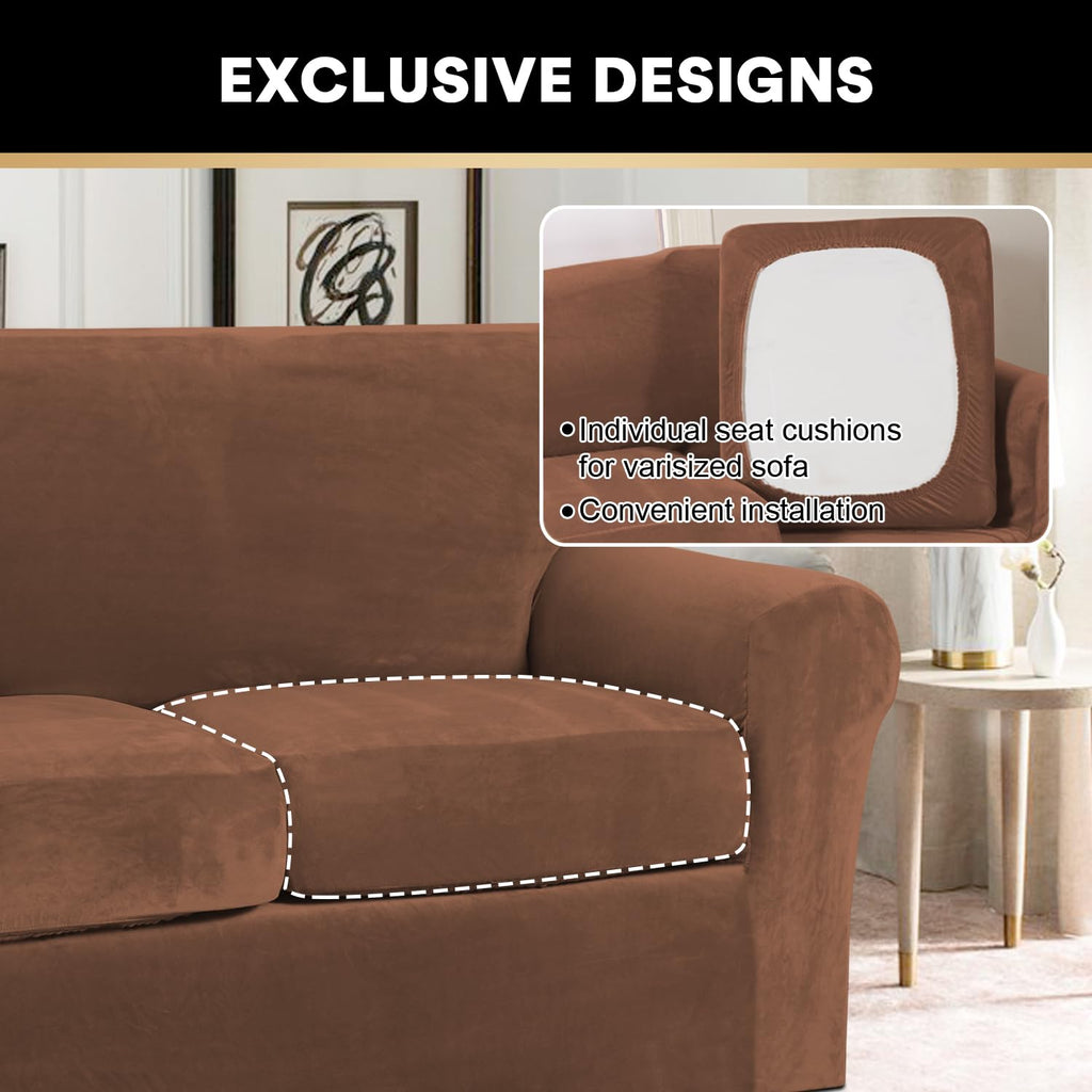 Princedeco 2 Piece Chair Cover Velvet Chair Slipcovers Soft Armchair Cover Furniture Protector With Arms Width Up To 49 Inch Chair Sofa Cover With Individual Cushion Covers(Small, Caramel)