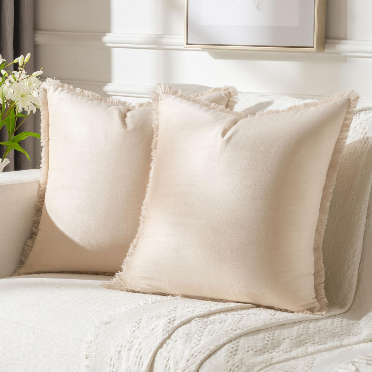 FUTEI Beige Boho Throw Pillow Covers with Tassels 22x22 Inch Set of 2,Soft Velvet Decorative Cushion Case,Home Decor for Couch B