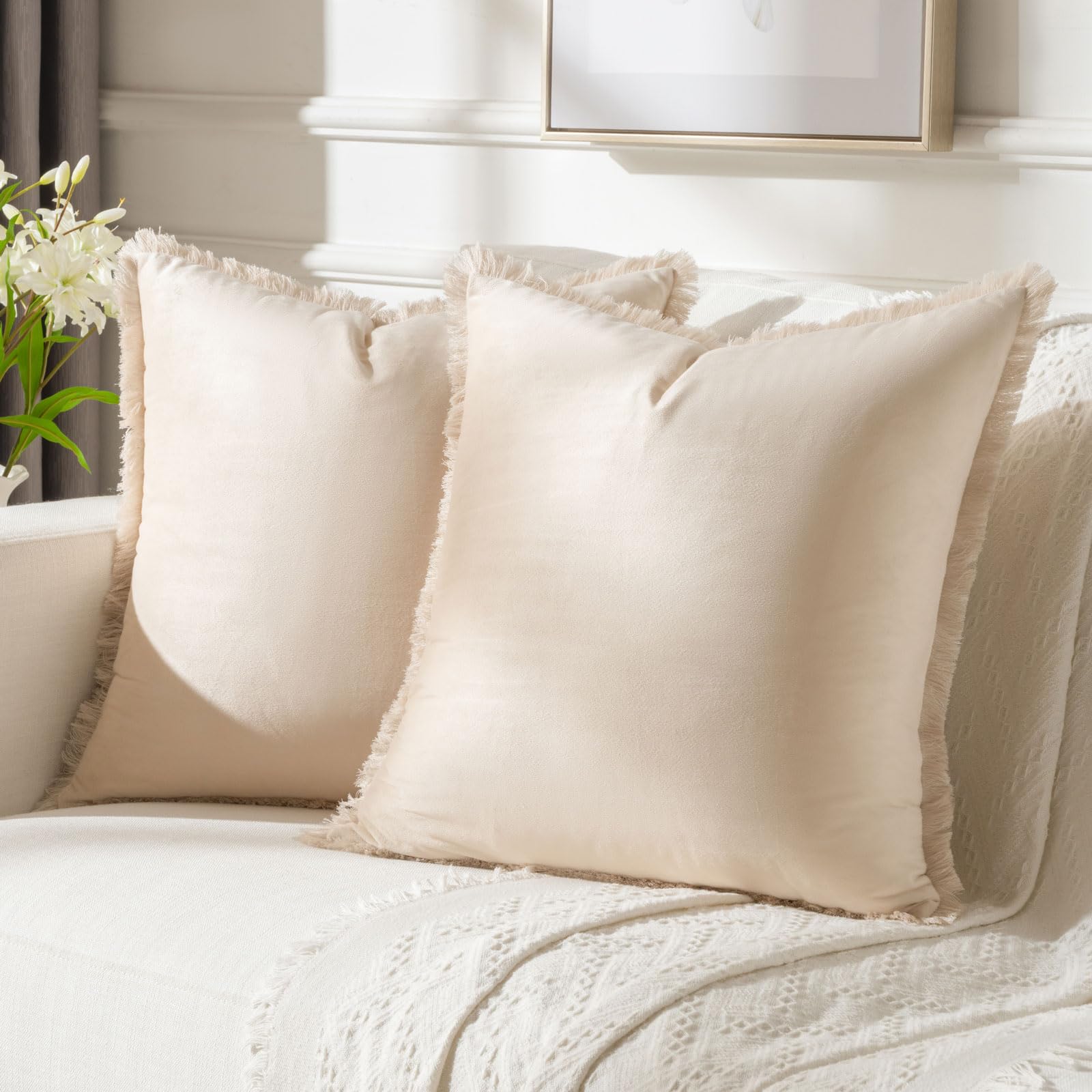 FUTEI Beige Boho Throw Pillow Covers with Tassels 18x18 Inch Set of 2,Soft Velvet Decorative Cushion Case,Home Decor for Couch B
