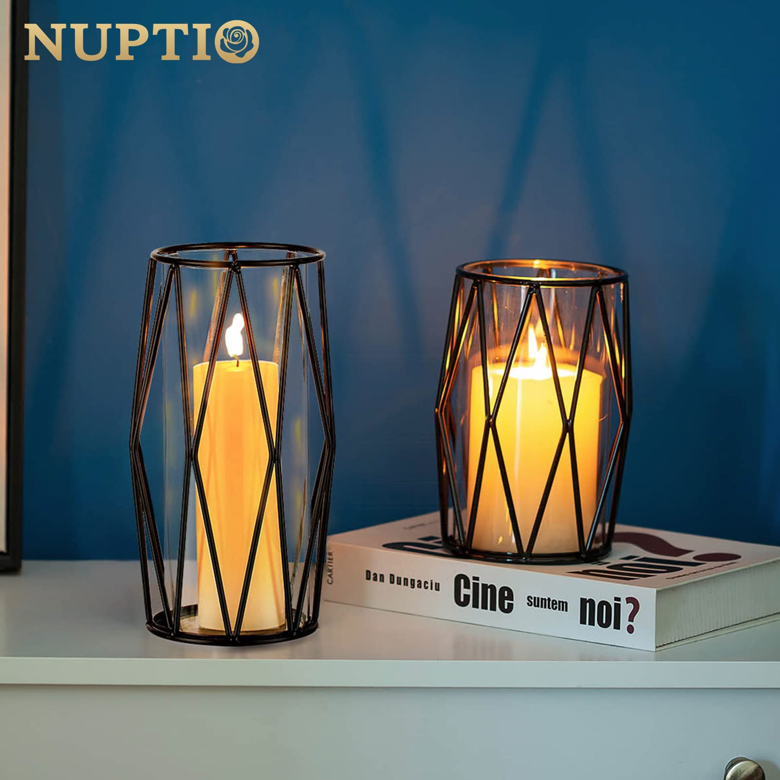 Nuptio Black Pillar Candle Holders - Glass Candles Holder With Geometric Metal Rack Stand For Wedding Birthday Party Centerpiece