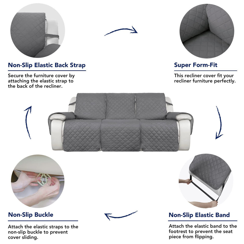 Purefit Water Resistant Reversible Sofa Covers For Reclining Sofa - Non Slip Split Recliner Couch Cover For 3 Cushion Couch, Was