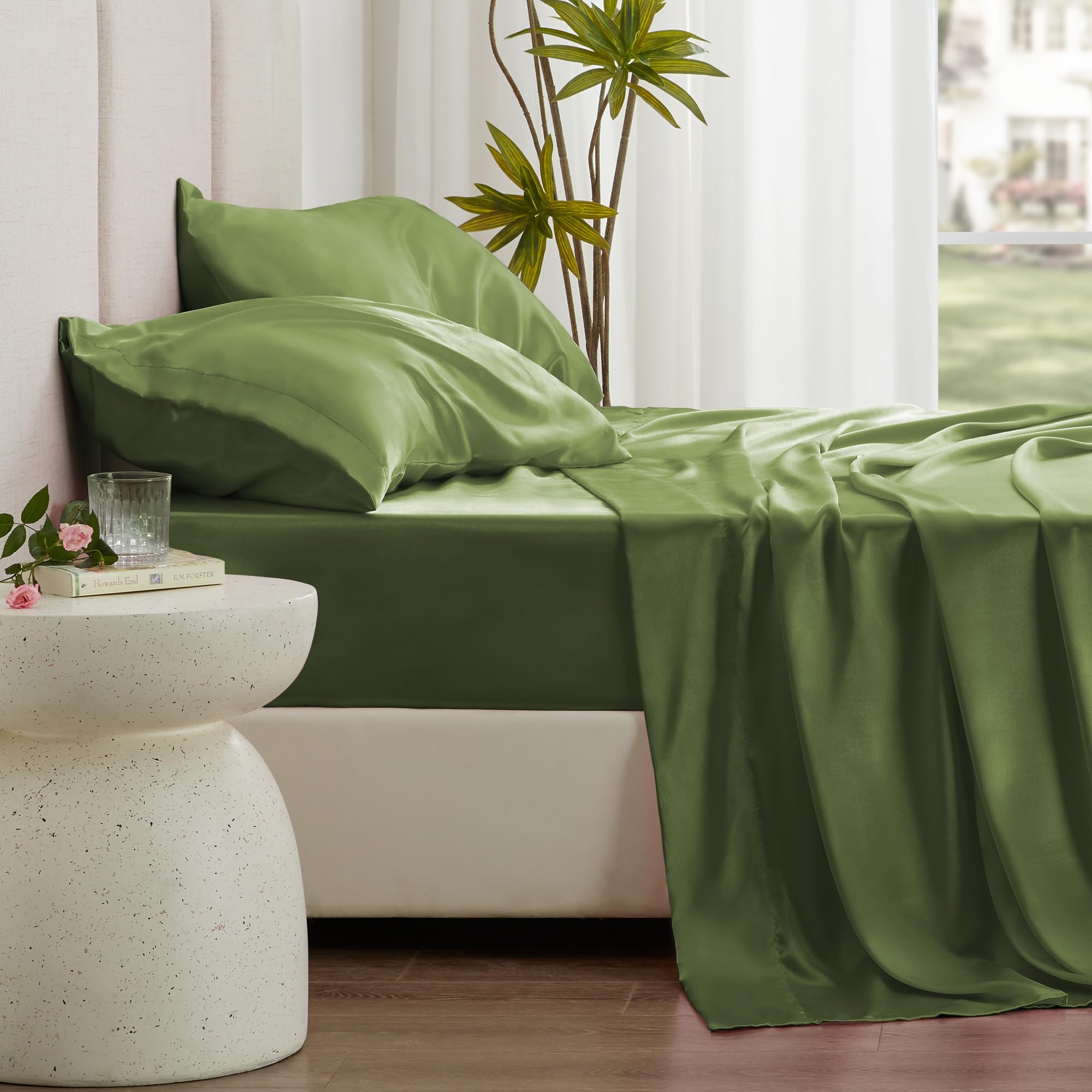 Love'S Cabin Satin Queen Bed Sheet Set - 4 Piece, Sage, Silky Soft, Deep Pocket, Luxury Feel
