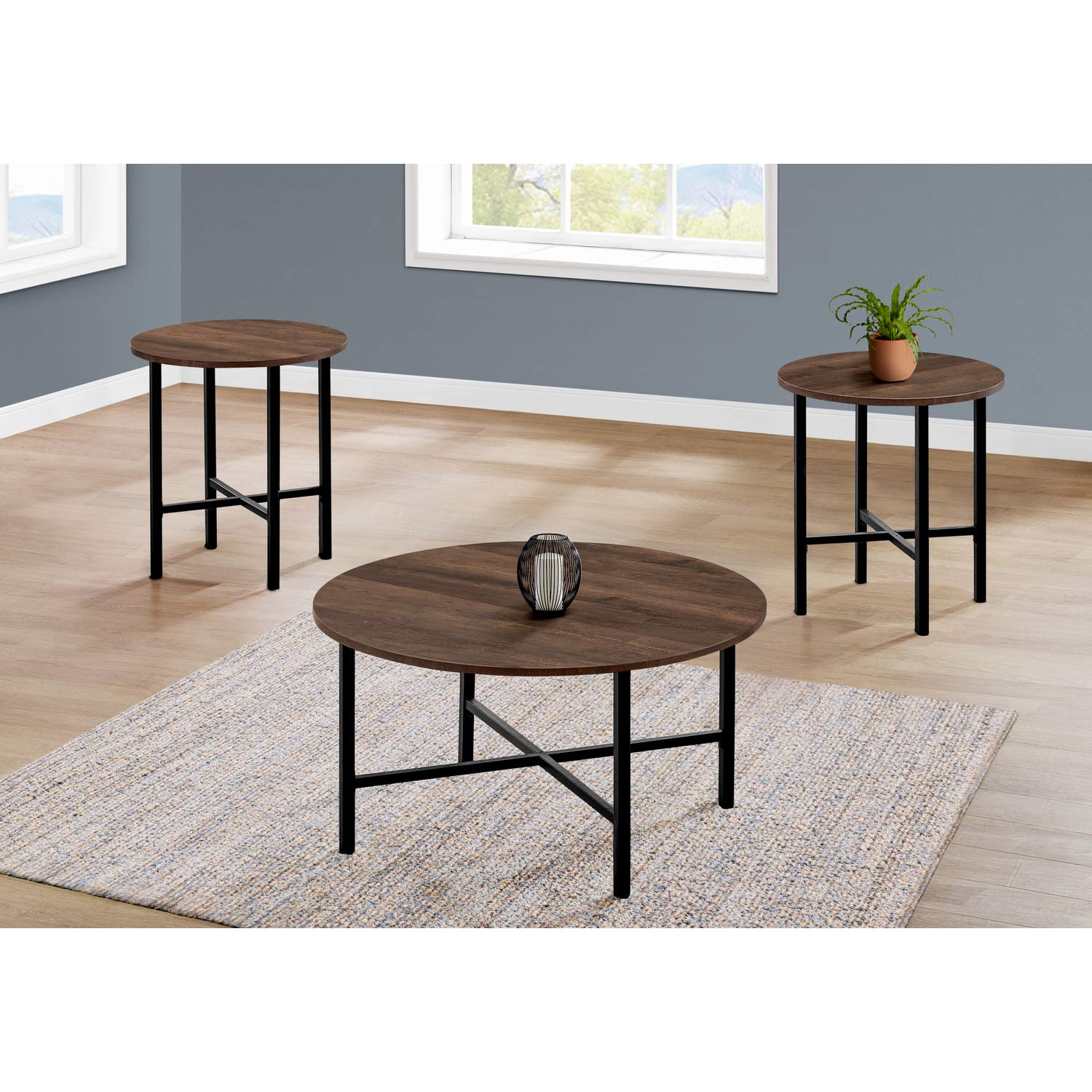 Monarch Specialties Coffee Set of 3 for Living Room Round Metal Legs includes Cocktail 2 End Ocassional Table Set, Brown