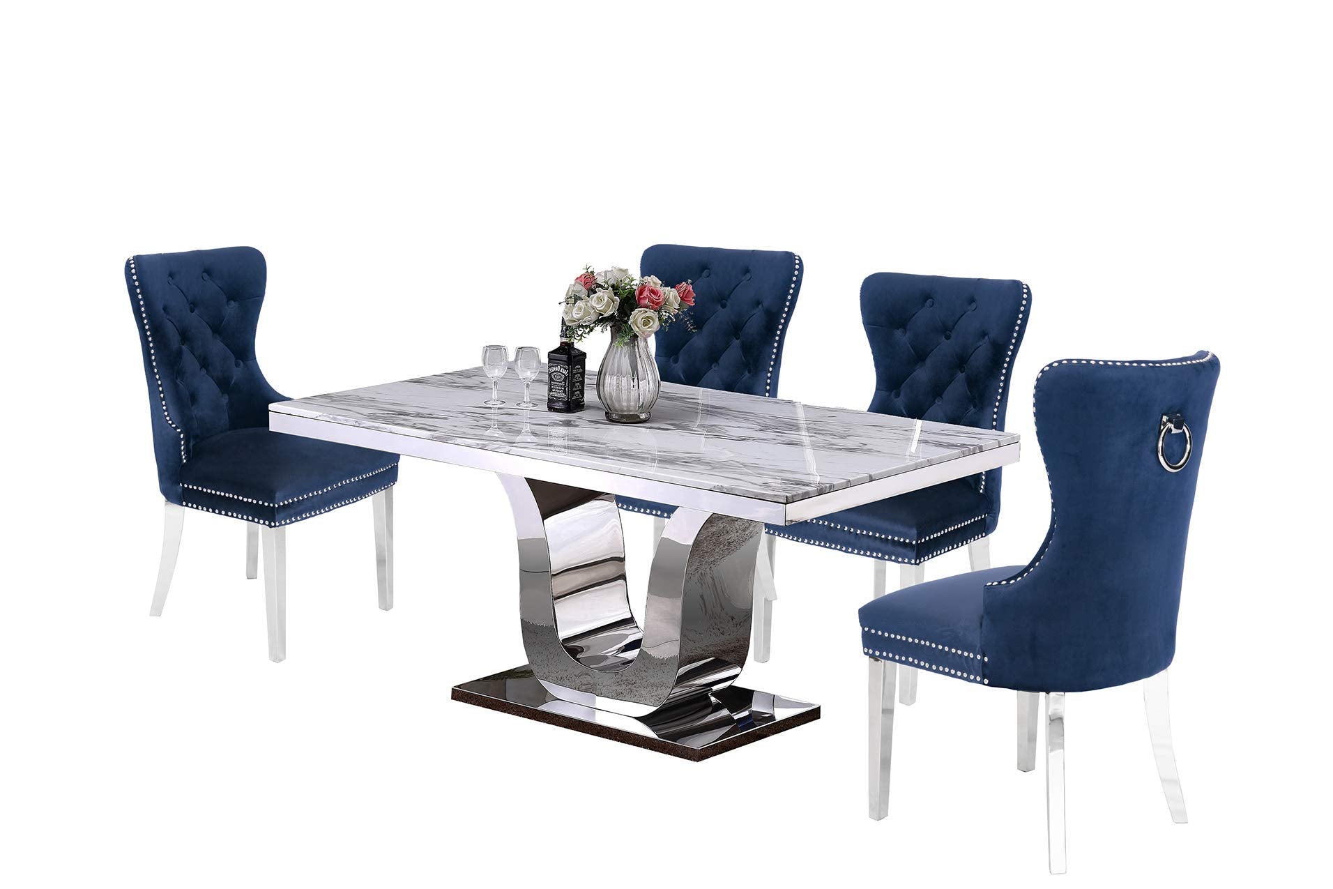 Best Quality Furniture 5Pc Dining Set (1 Table + 4 Chairs), White, Navy Blue