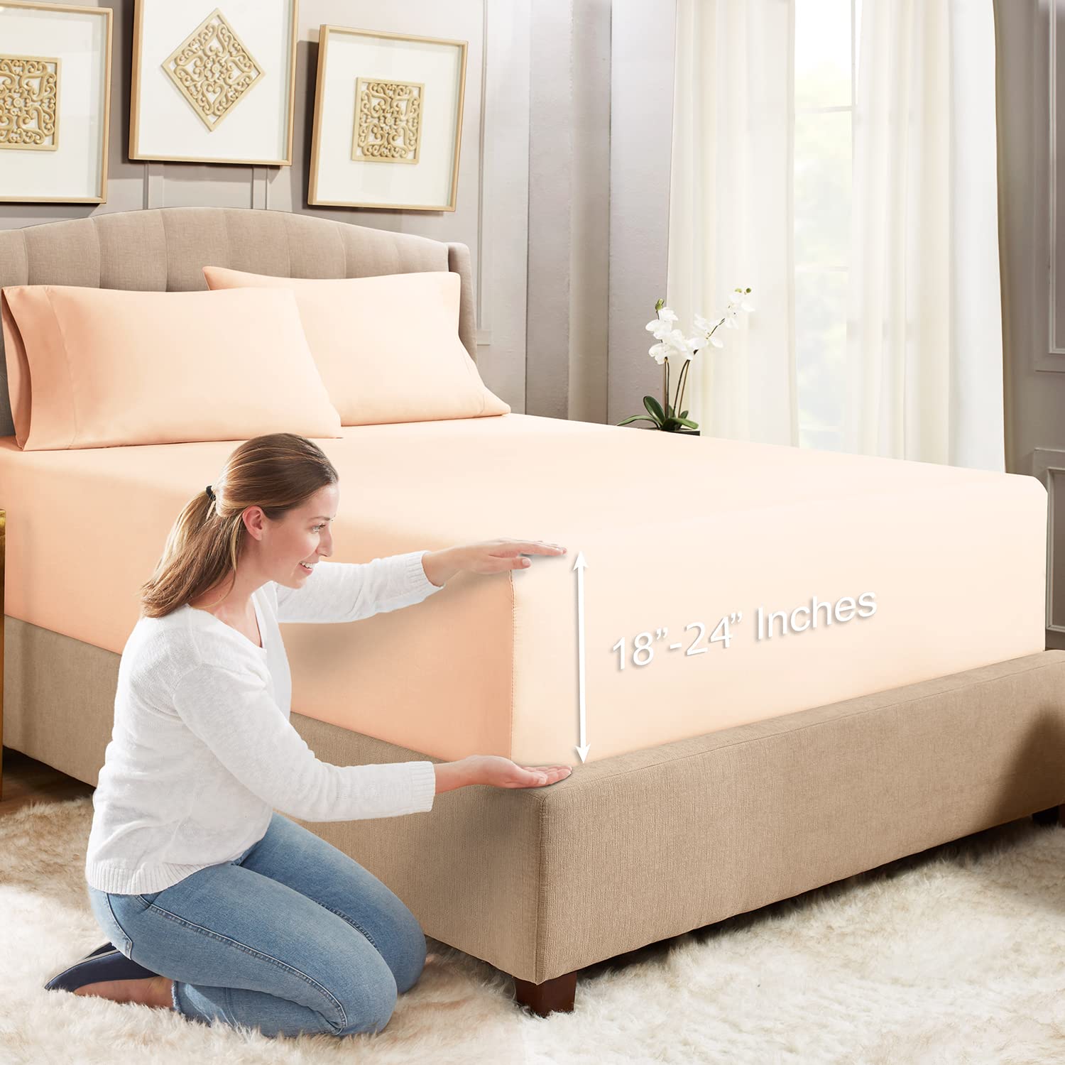 Empyrean Extra Deep Pocket Queen Fitted Sheet, 24' Deep Pocket Queen Sheet With Bonus 2 Pillowcases, 3 Pc Fitted Sheet Queen Si