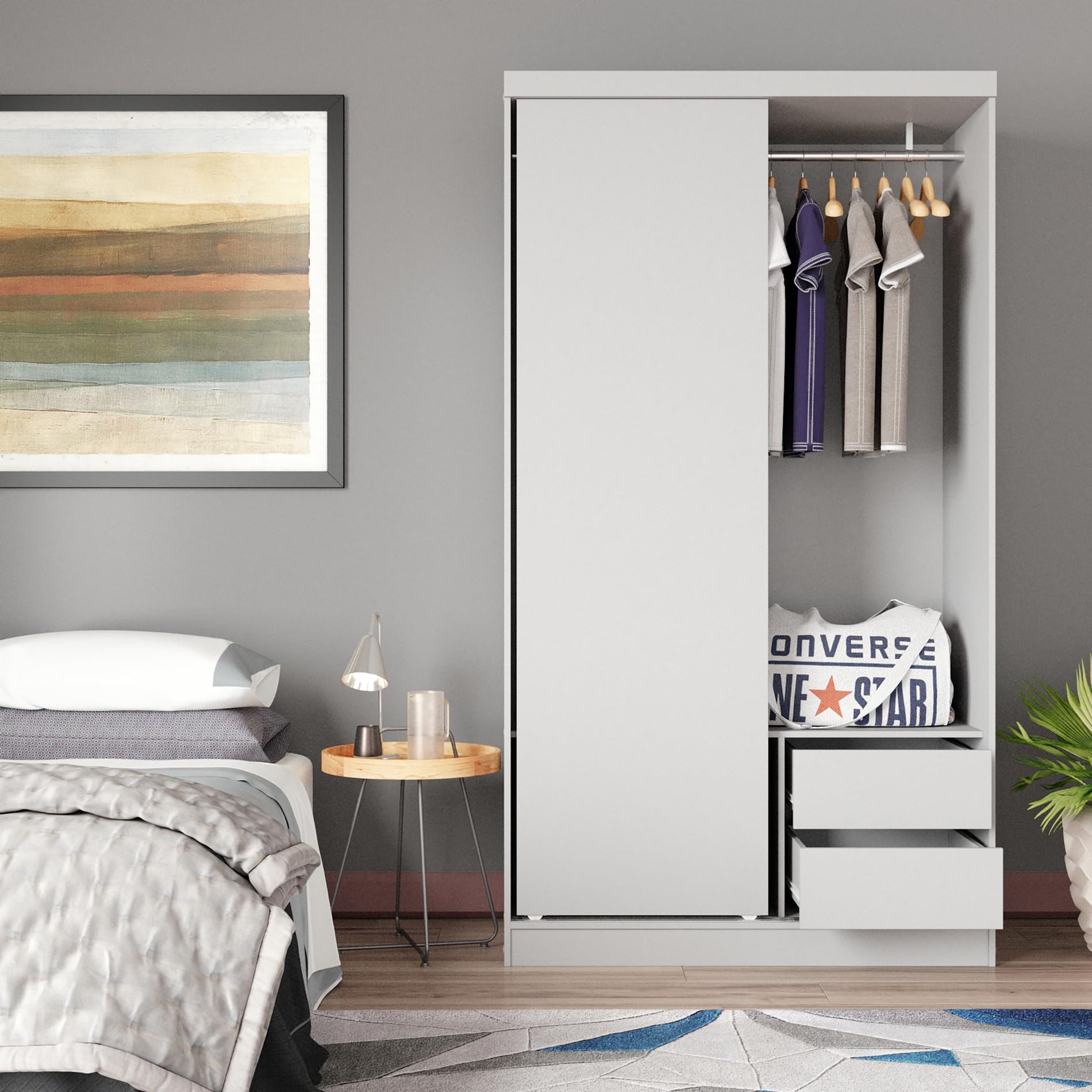 Woodpeckers Furniture And Mattress Modern Wood Double Sliding Door Wardrobe - Thumbnail 2