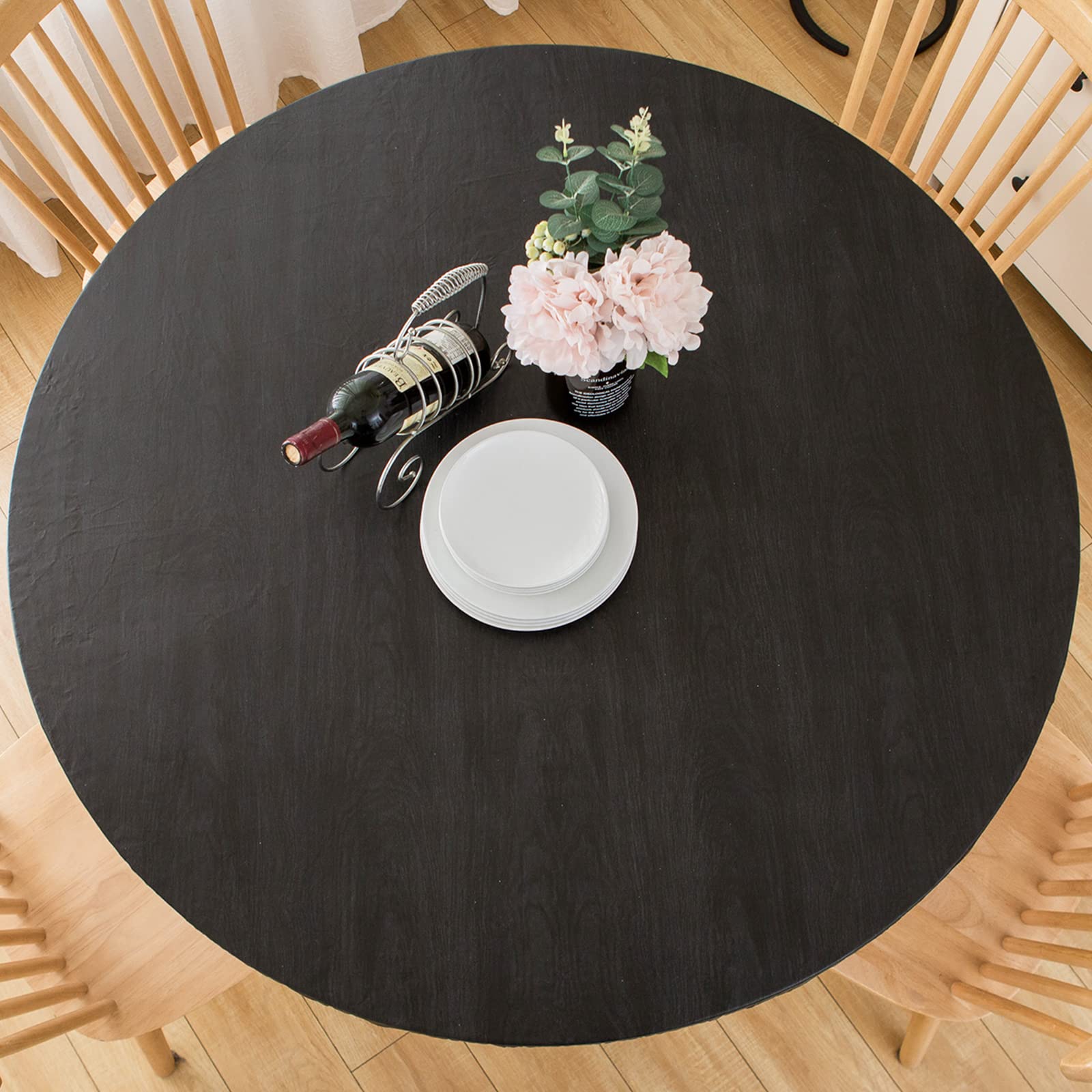 Liberecoo Round Fitted Vinyl Tablecloth Waterproof Elastic Edged Table Cloth - Black Wood Tablecloths - Plastic Table Covers For Indoor & Outdoor Fits For 40-44 Inch Round Table
