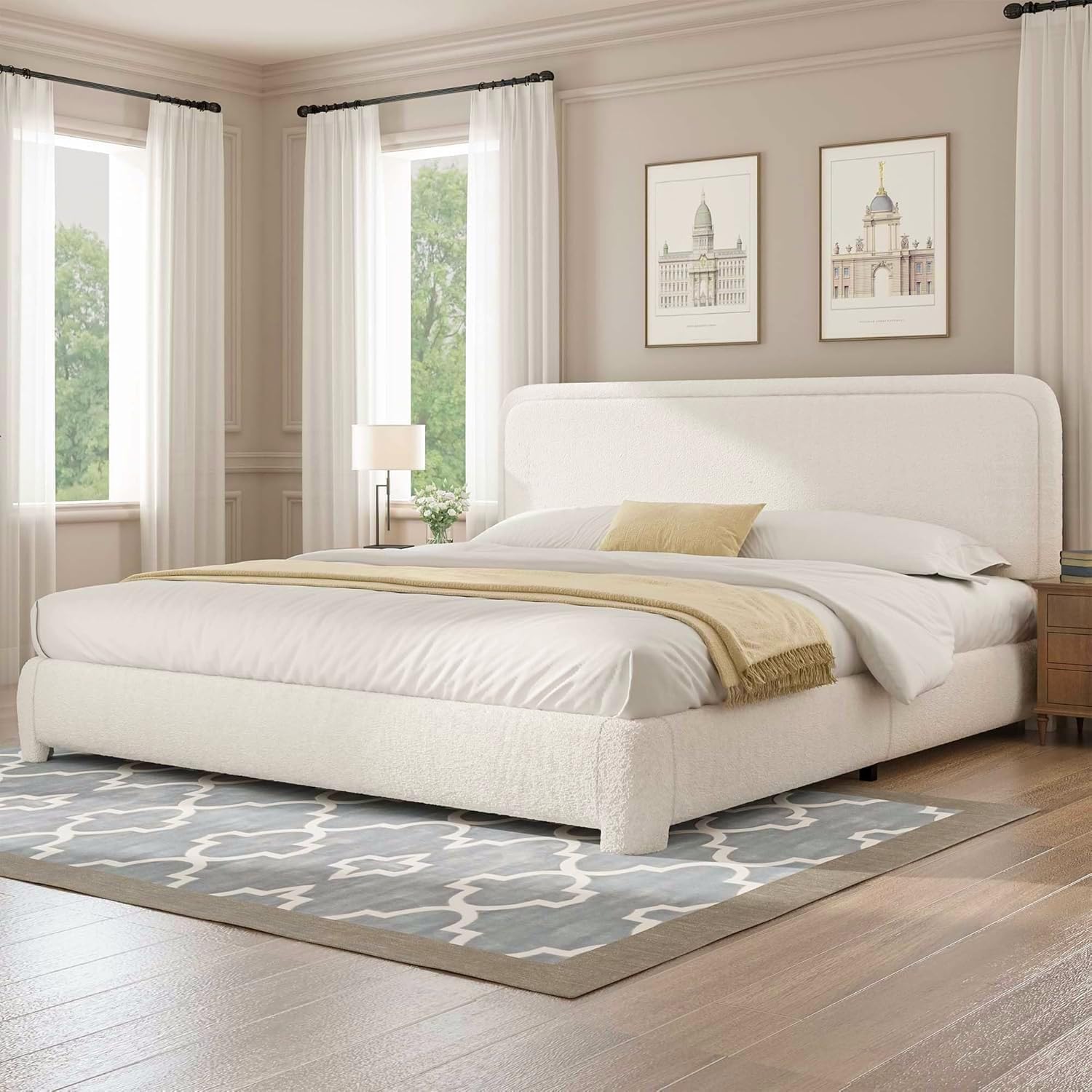 King Bed Frame And Headboard, Boucle Upholstered Platform Bed Frame, Modern Style, Soft Rounded Corners, No Box Spring Required,