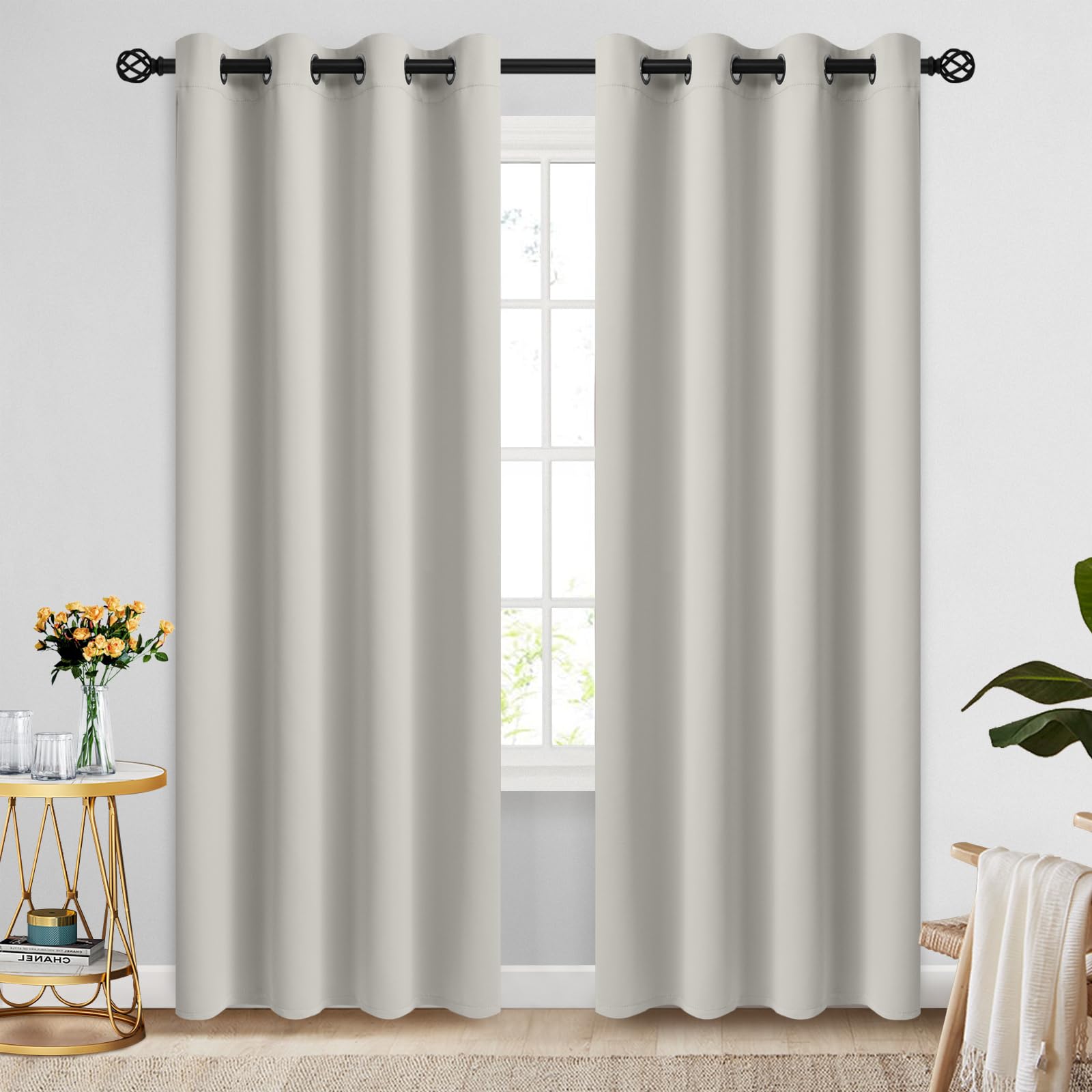 Cosviya Grommet Blackout Room Darkening Cream Beige Curtains 96 Inch Long, Thick Polyester Light Blocking Insulated Thermal Wind