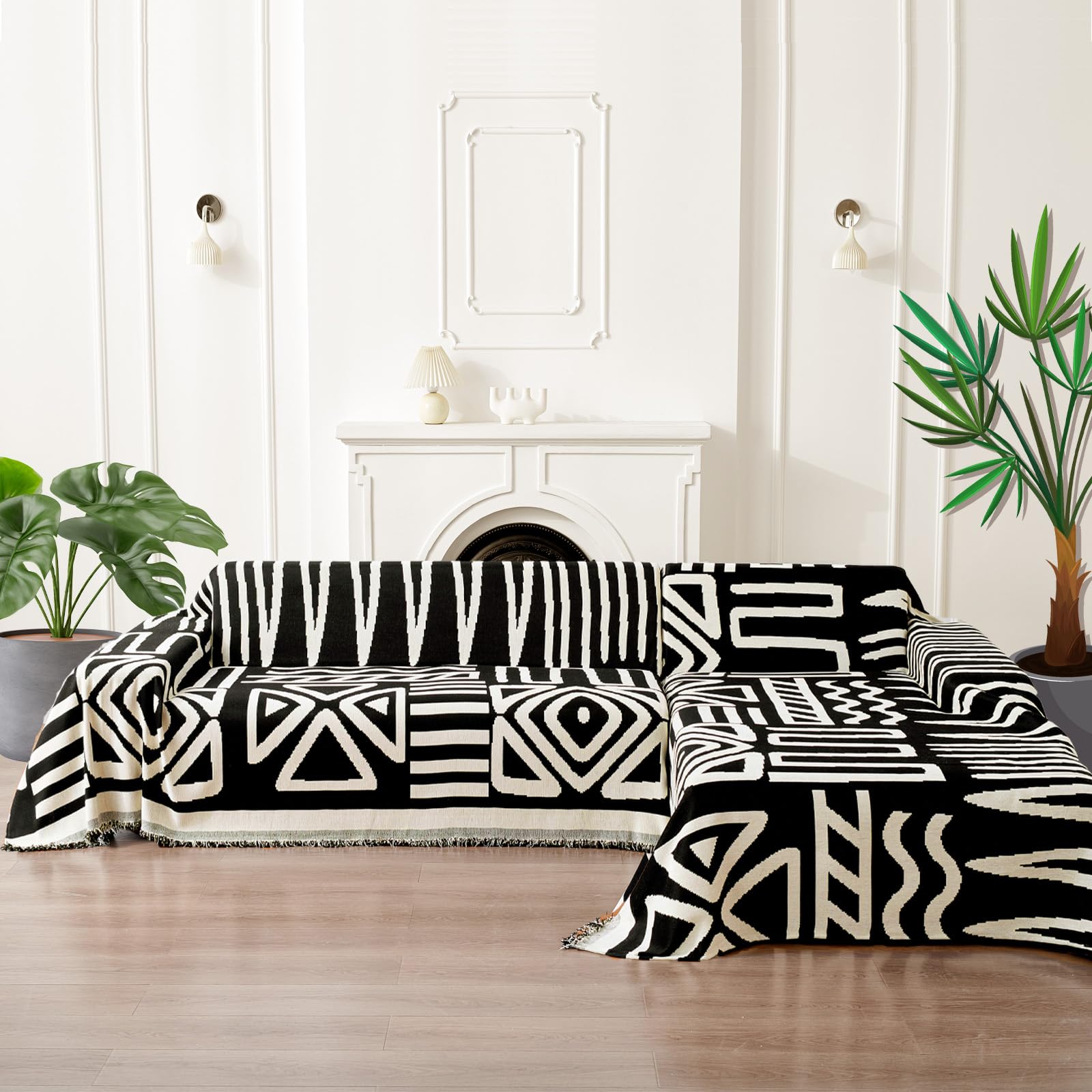 Handontime Boho Sofa Covers For Dogs Black Couch Sofa Covers For 3 Cushion Couch Sofa Beige Chenille Sofa Slipcover Couch Covers For Sectional L Shaped Couch Pets Protector Furniture Covers, 91' X118'