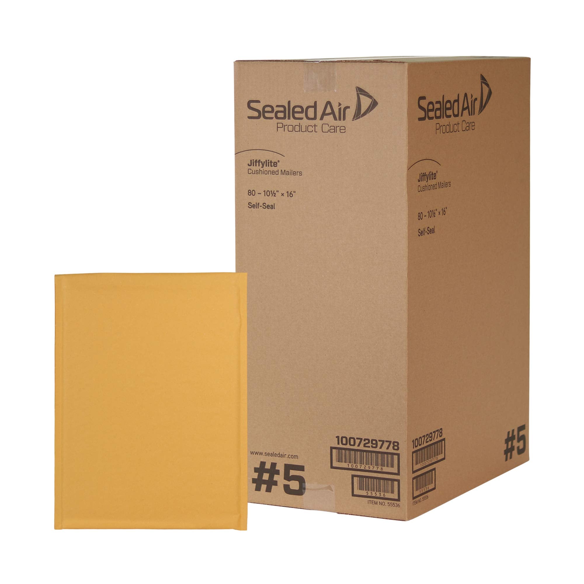 Sealed Air Jiffy Mailer 100729778 Jiffylite Cushioned Mailers, No.5, 10.5' X 16' (Case Of 80) (55536), Manila