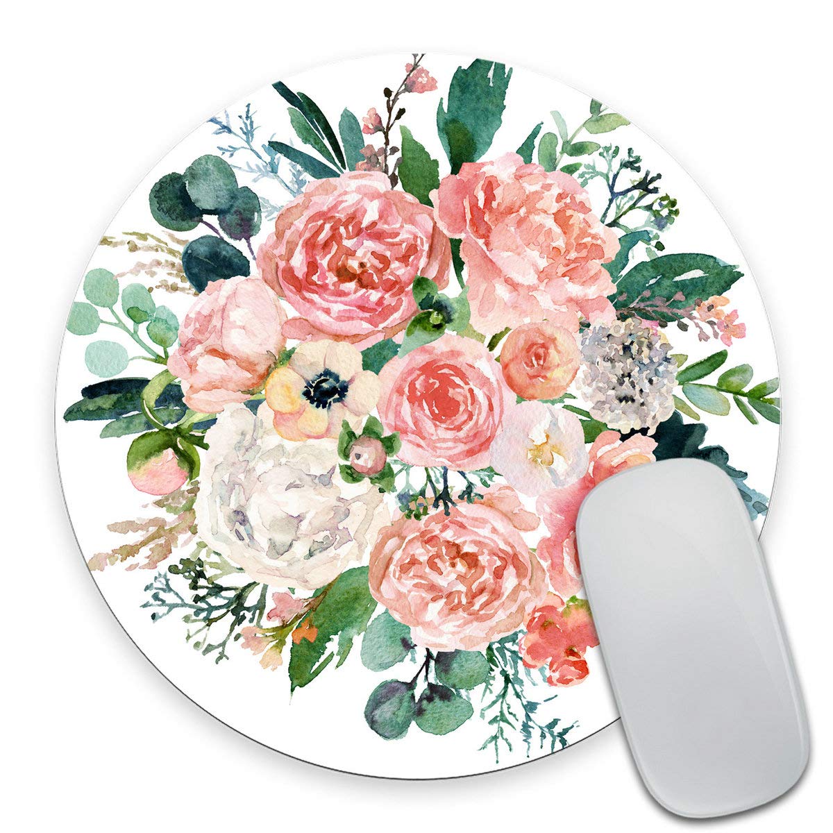 Smooffly Watercolor Floral Round Mouse Pad Custom,Bright Pink Vivid Flowers Mouse Pads For Computers Laptop, Green Leaves Circul