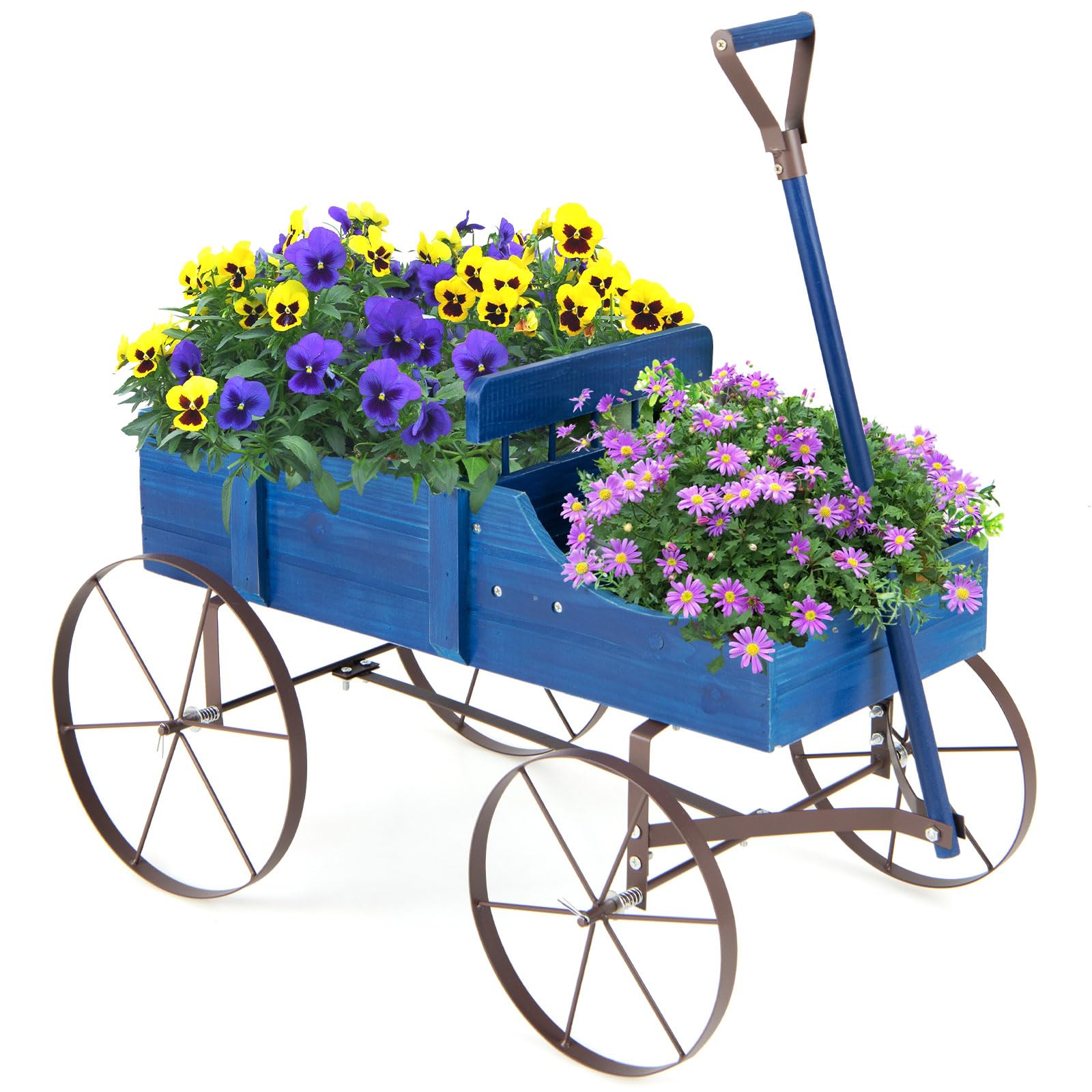 Goplus Wagon Planter, Decorative Wooden Garden Planter With Wheels, 2 Planting Sections And Adjustable Handle, Indoor Outdoor Ba