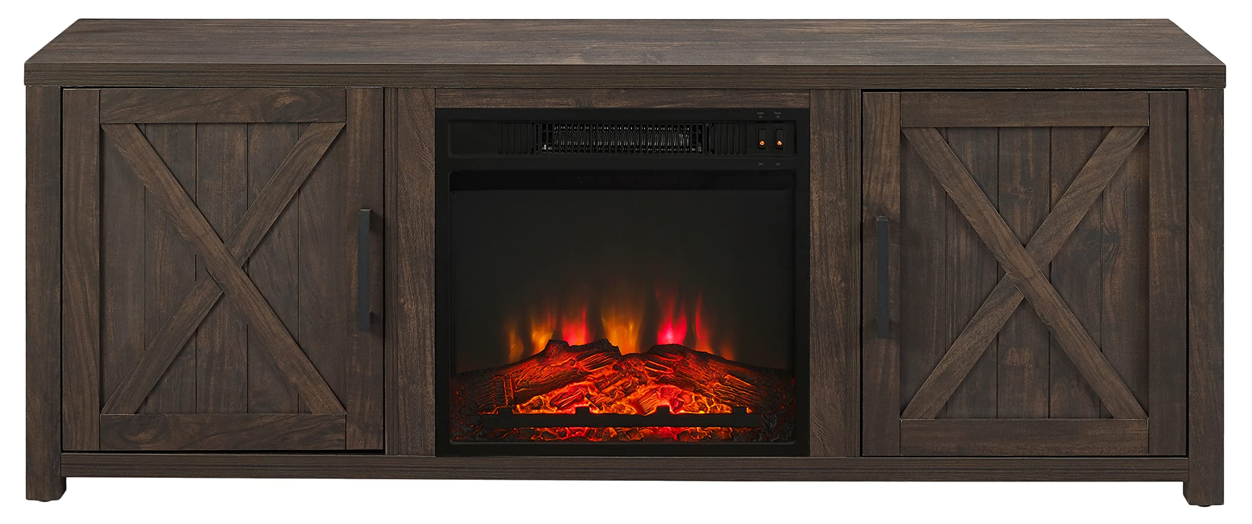 Crosley Furniture Gordon Low Profile Fireplace TV Stand for 65+ inch TVs, Entertainment Center with Shelves, Dark Walnut