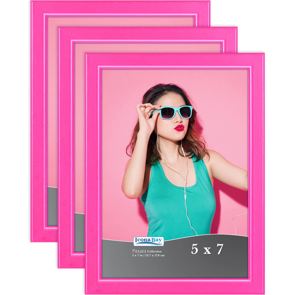 Icona Bay 5x7 Picture Frames (Pink, 3 Pack), Colored Solid Wood Scandinavian Style Frames for Photo, Pizzazz Collection