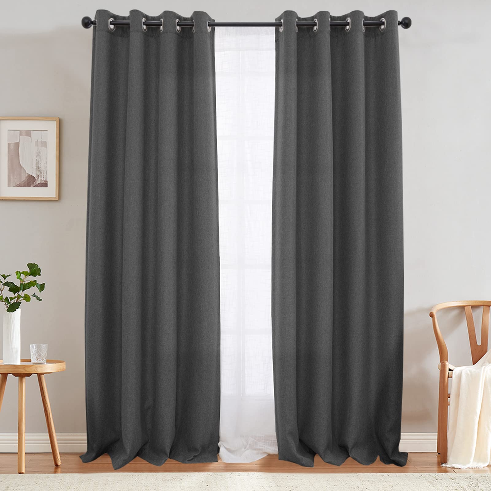 Jinchan Linen Textured Curtains For Living Room Darkening Bedroom Curtains Thermal Insulated Curtains Living Room Linen Look Curtains Window Drape Single Panel 90 Inch Dark Grey Curtains