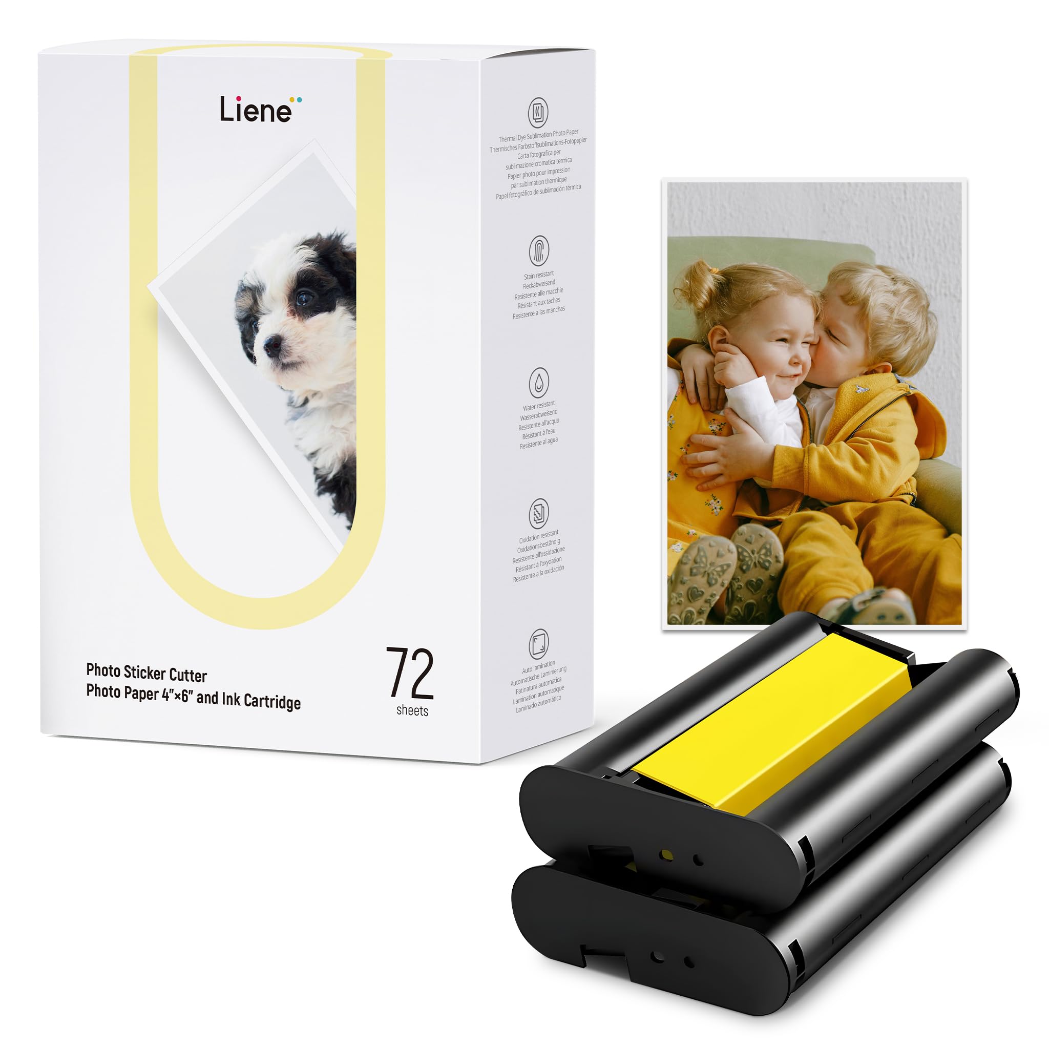 Liene Photo Paper & Cartridge, 2 Ink Cartridge Refill & 72 Sheets Photo Papers, 4X6', Dye Sublimation, Water & Oxidation-Proof,