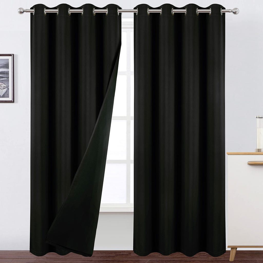 LEMOMO 100% Blackout Curtains 52 x 95 Inch/Black Curtains 2 Panels with Black Lining Room Darkening Thermal Insulated Bedroom Cu