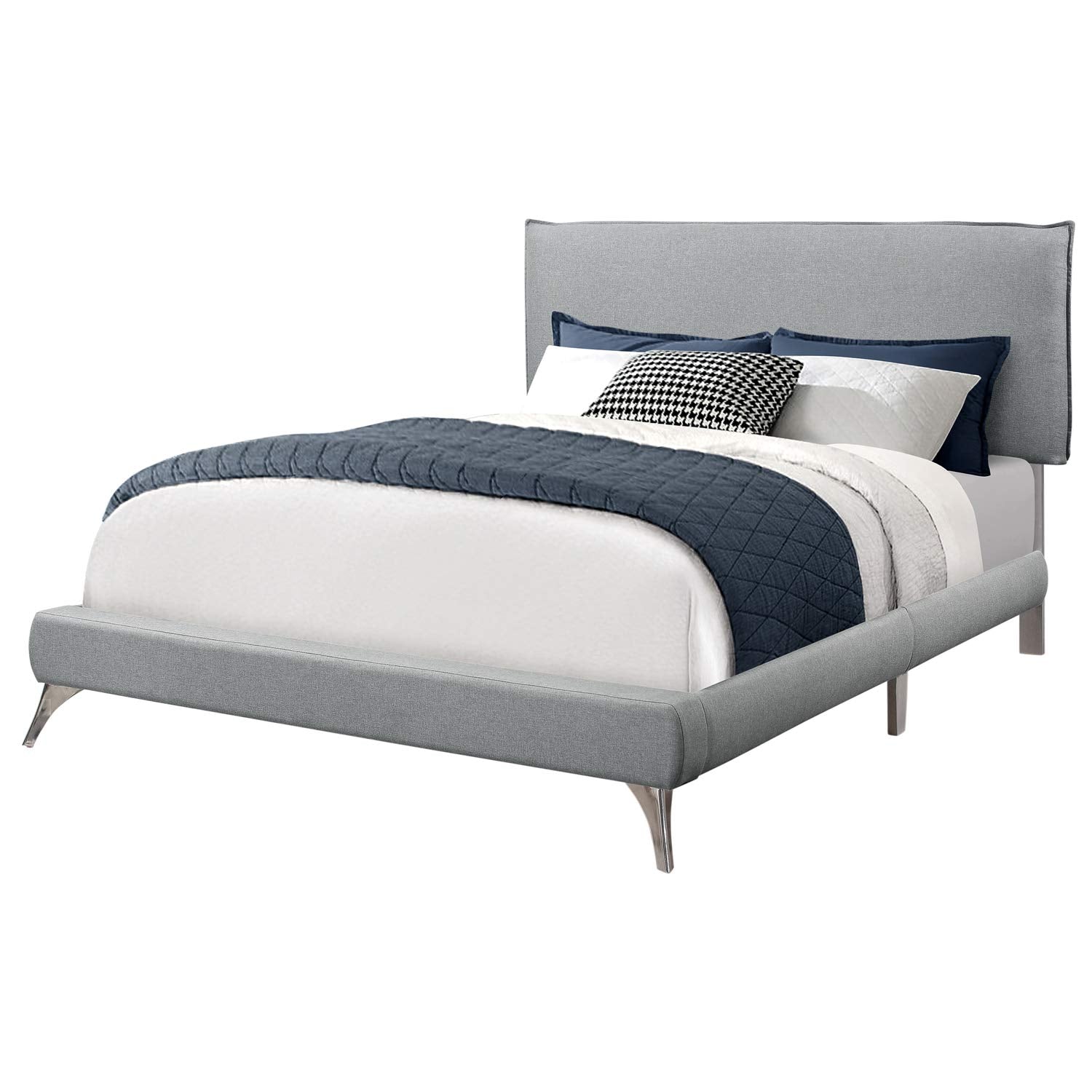 Monarch Specialties Queen Size/Grey Linen with Chrome Legs Bed